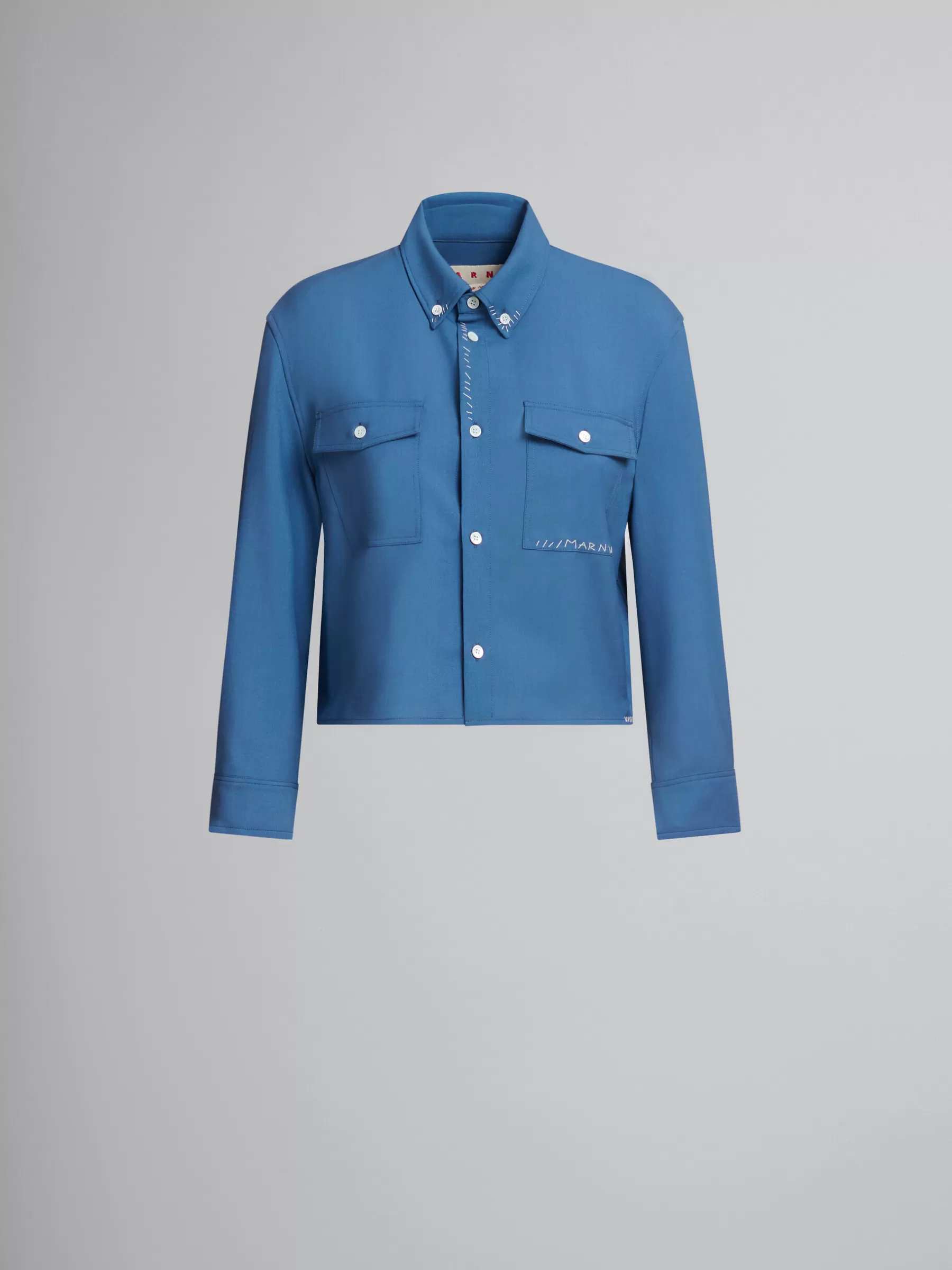 Marni Blue Tropical Wool Cropped Shirt With Mending SAPPHIRE BLUE Clearance