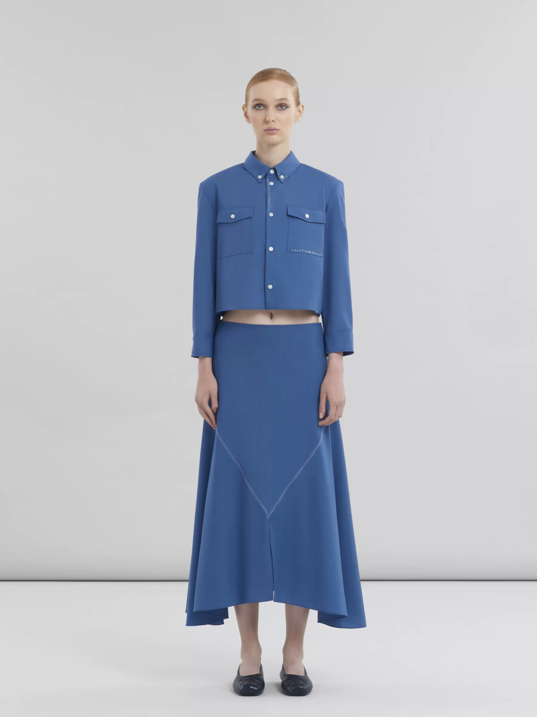 Marni Blue Tropical Wool Cropped Shirt With Mending SAPPHIRE BLUE Clearance