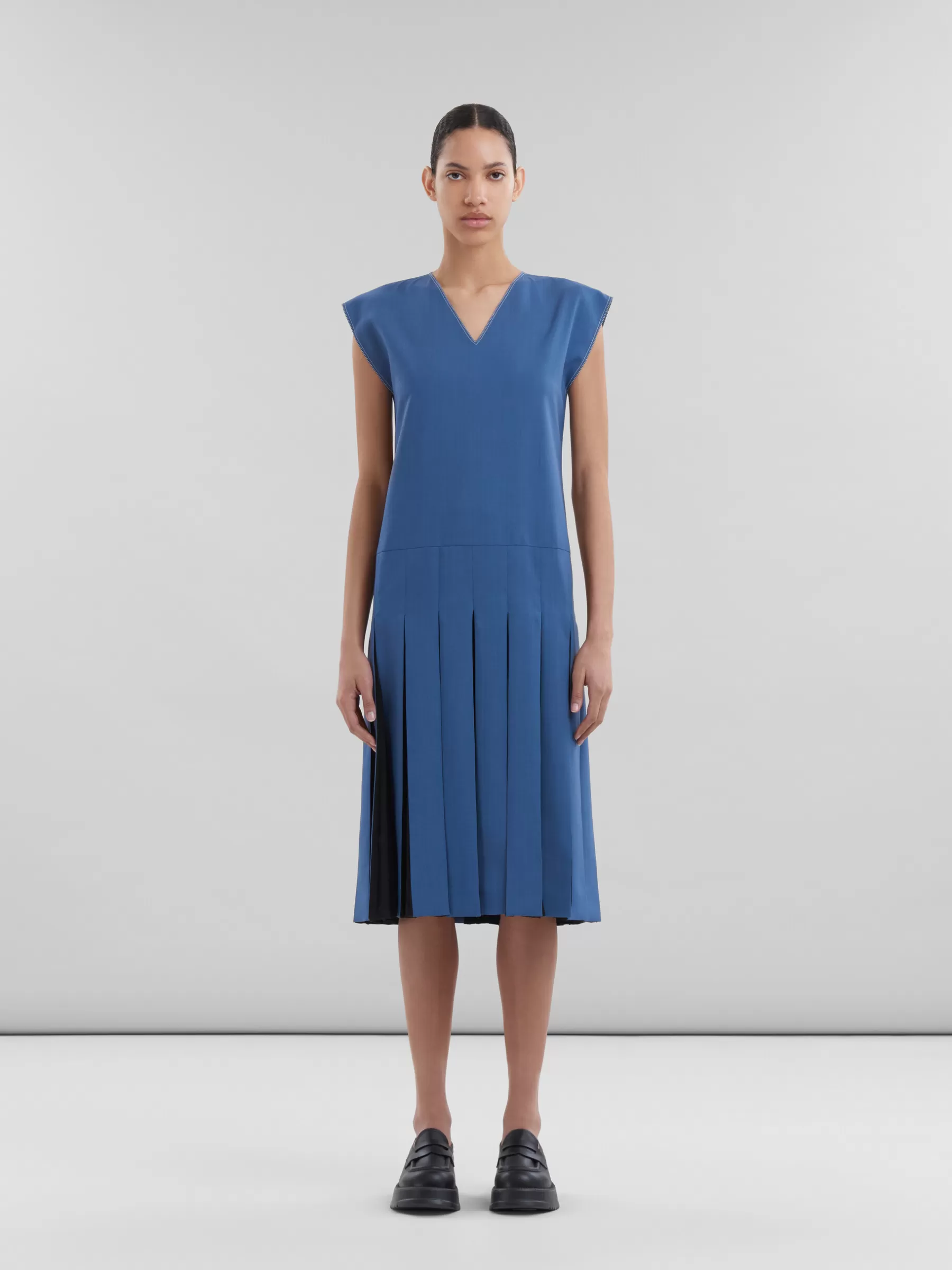 Marni Blue Tropical Wool Dress With Contrast Pleats SAPPHIRE BLUE Online