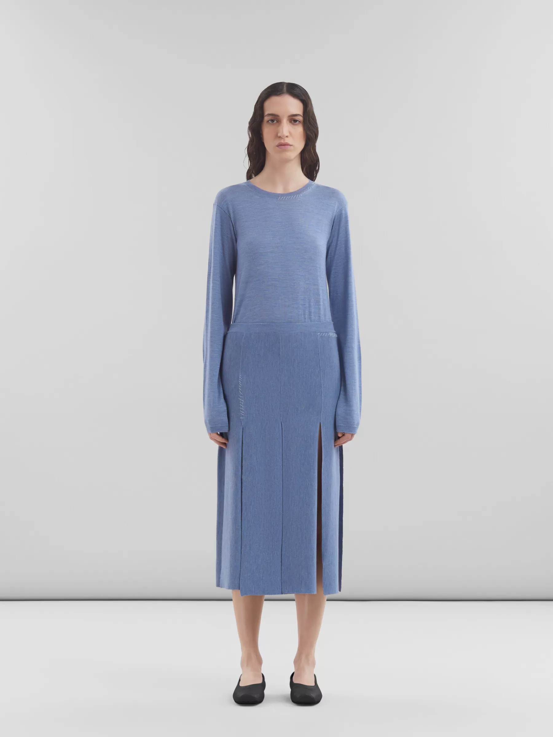 Marni Blue Wool-silk Skirt With Raw-cut Slits OPAL Sale