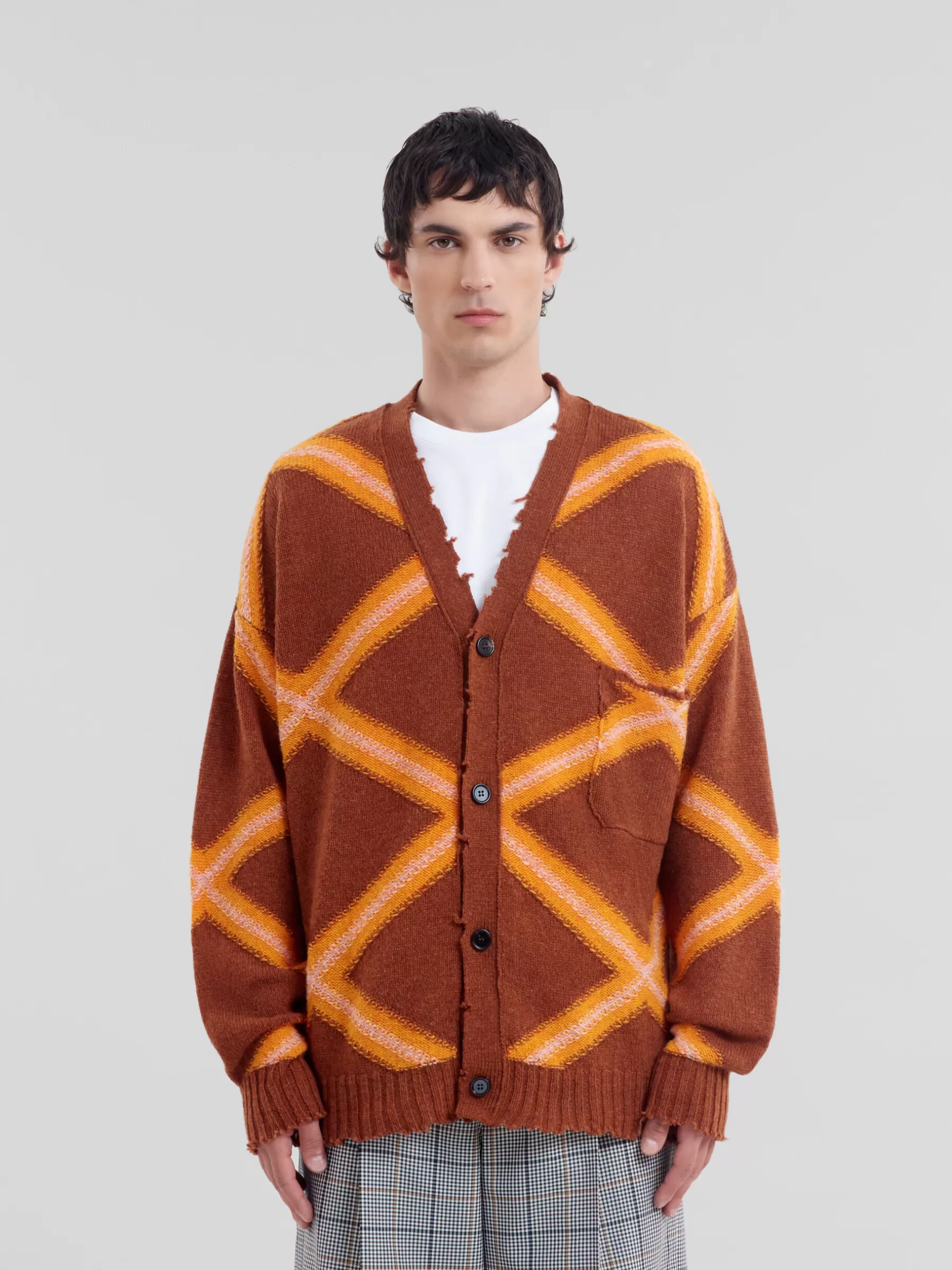 Marni Brown Broken Wool Cardigan With Argyle Motif NOUGAT Best