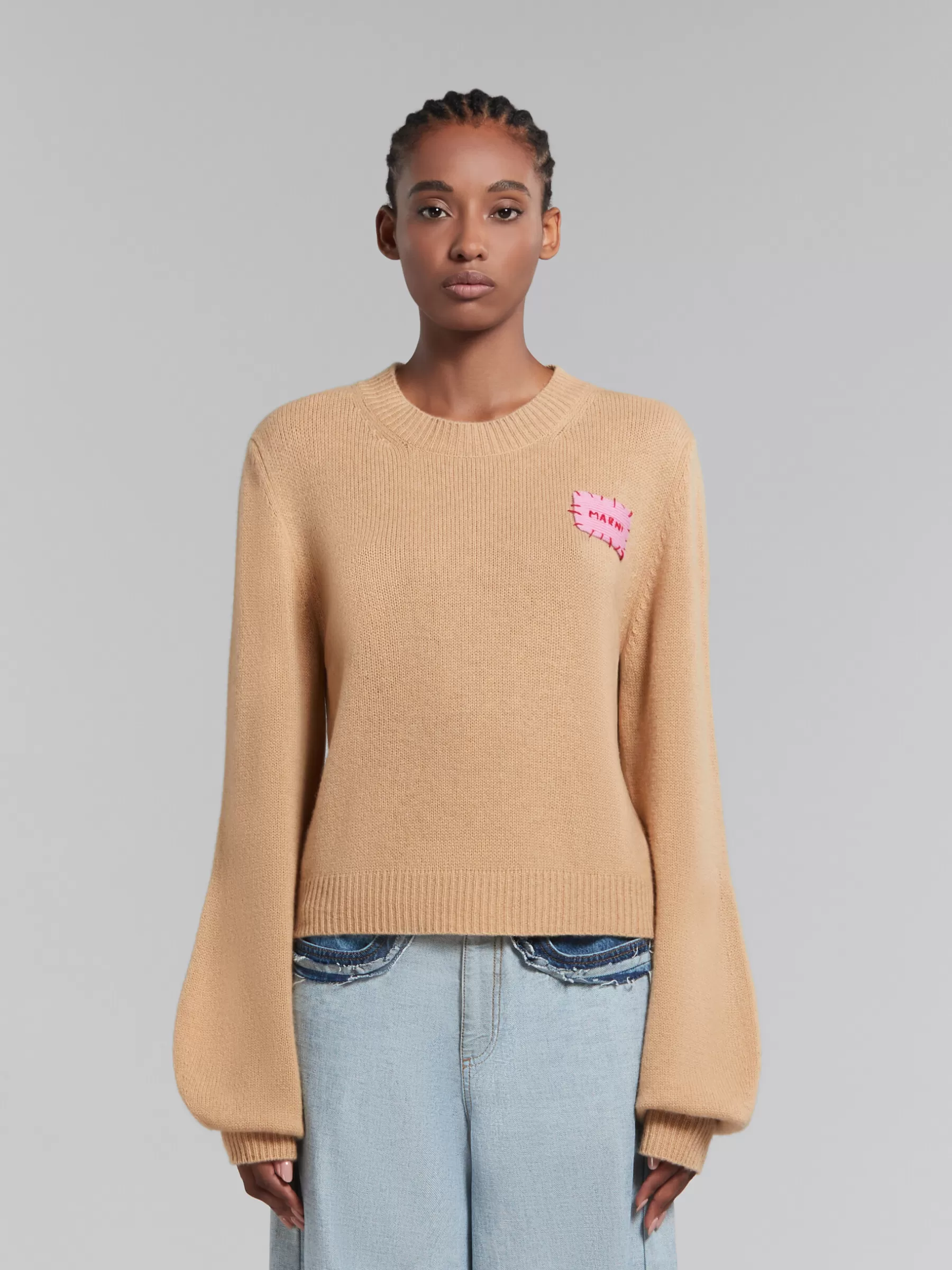 Marni Brown Cashmere Jumper With Mending Patch BUTTERCREAM Clearance