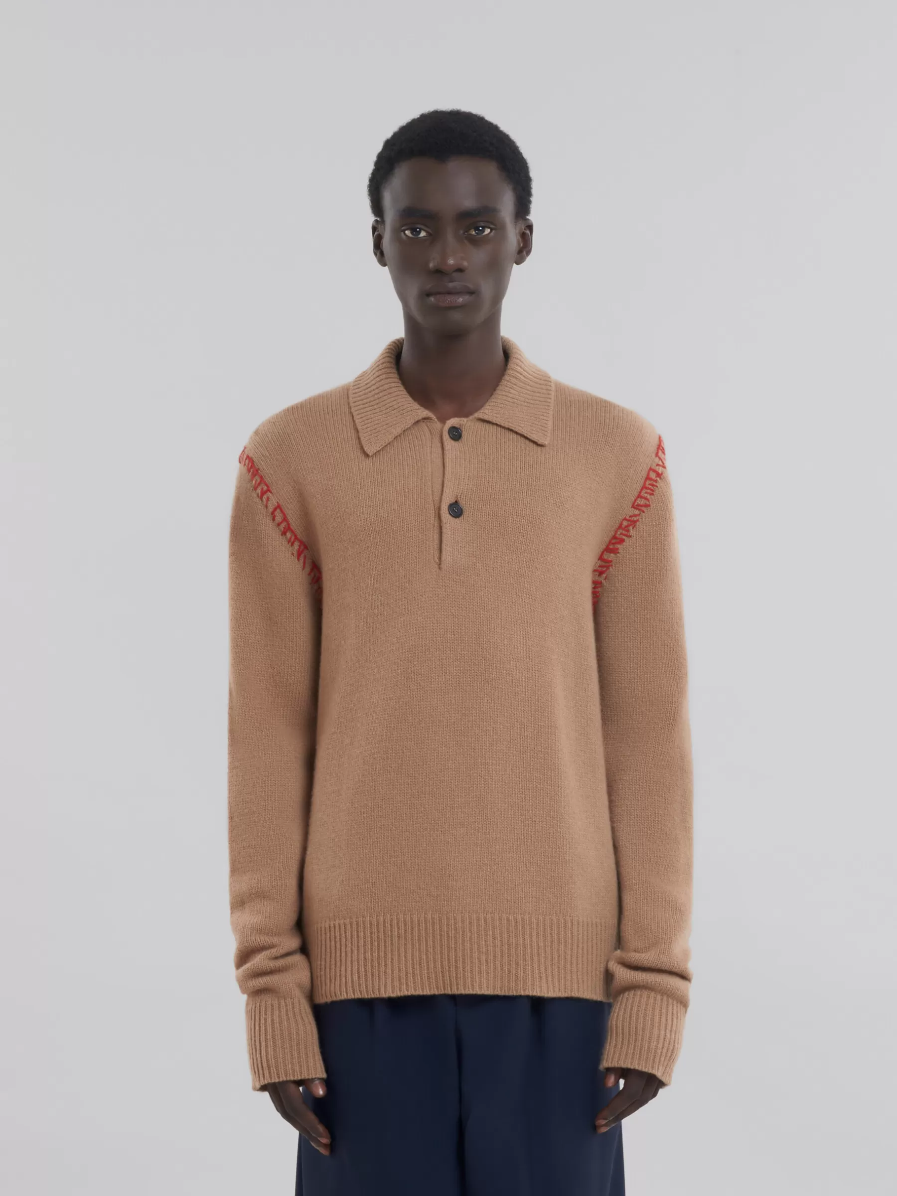 Marni Brown Knitted Polo Jumper With Mending SAND STORM Sale