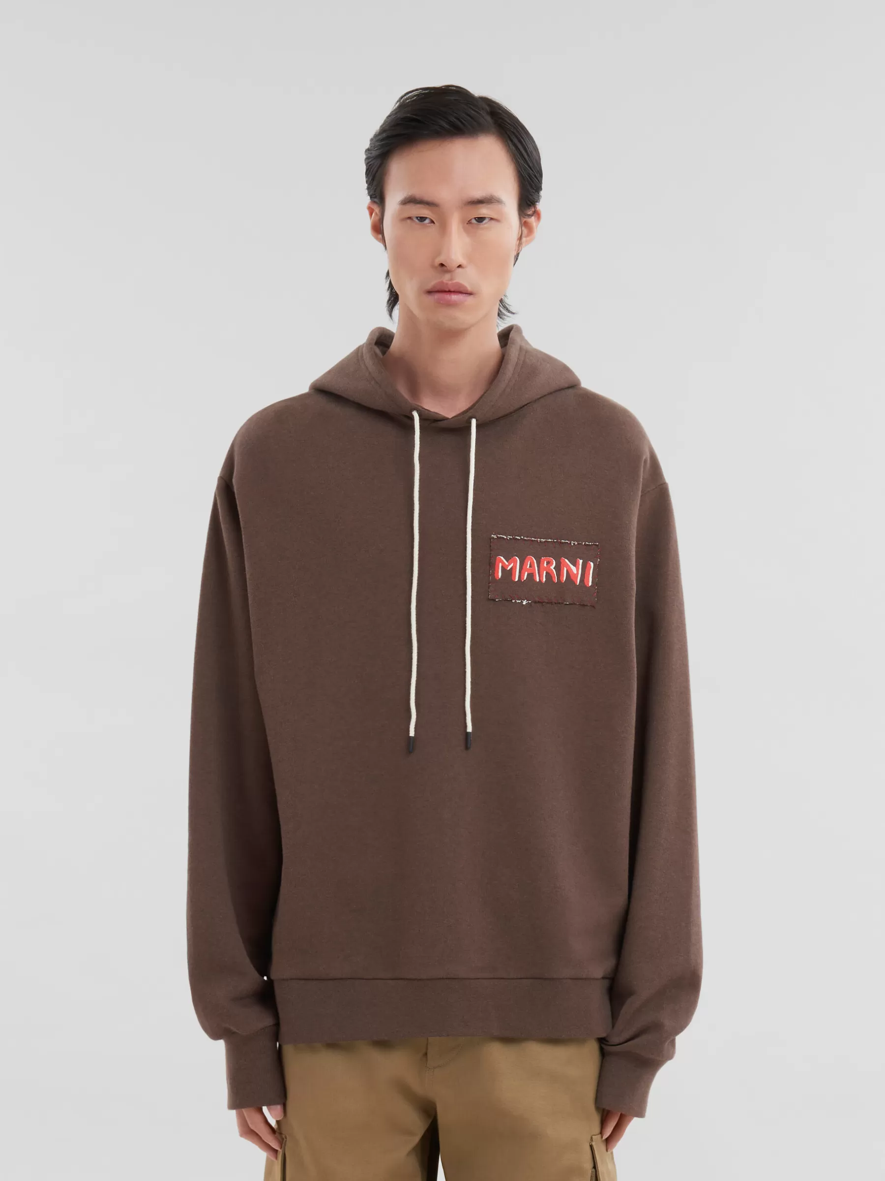 Marni Brown Melange Cotton Hoodie With Patch COFFEE Discount