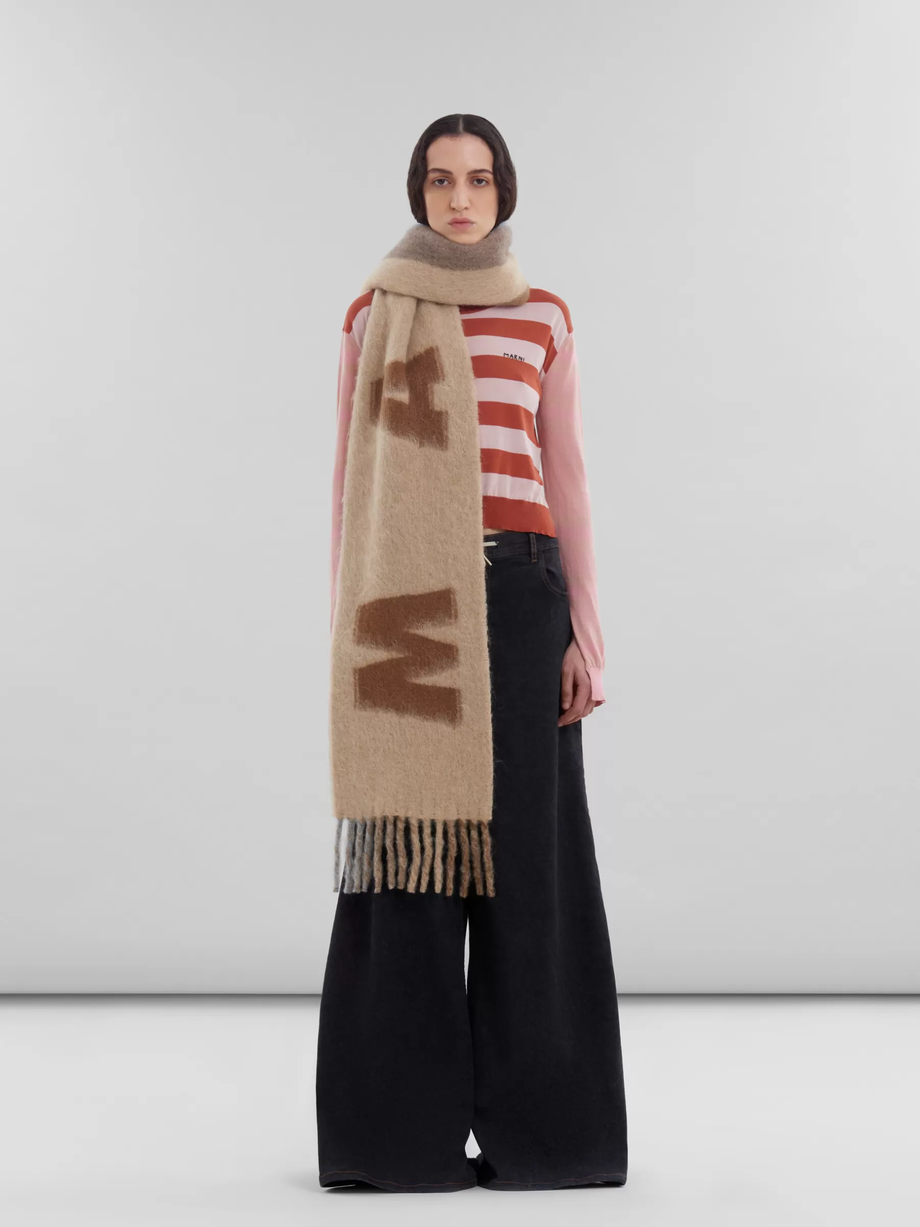 Marni Brown Mohair And Wool Scarf With Maxi Logo NOMAD/BEIGE Flash Sale