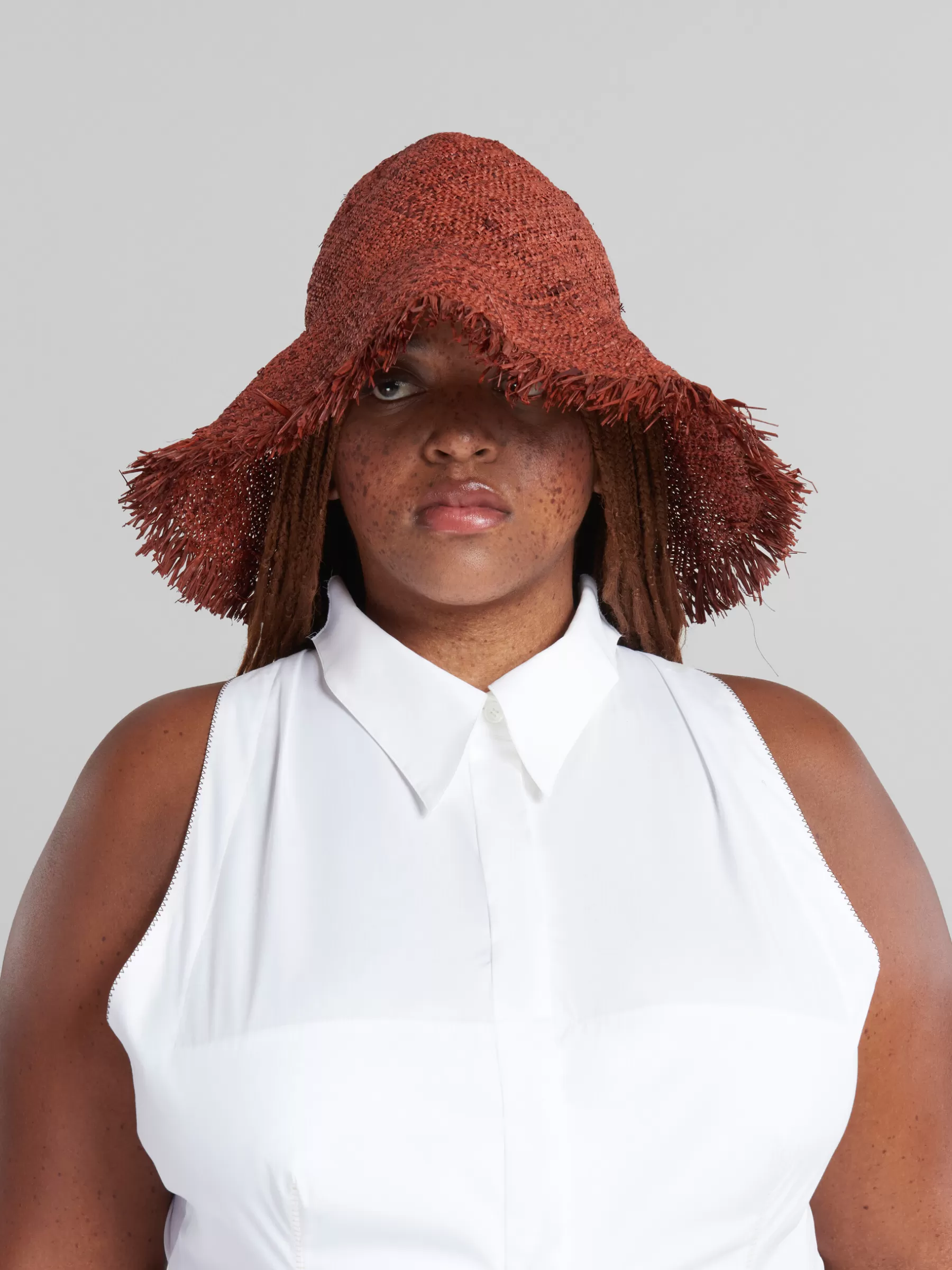 Marni Brown Raffia Hat With Fringed Brim COGNAC Sale