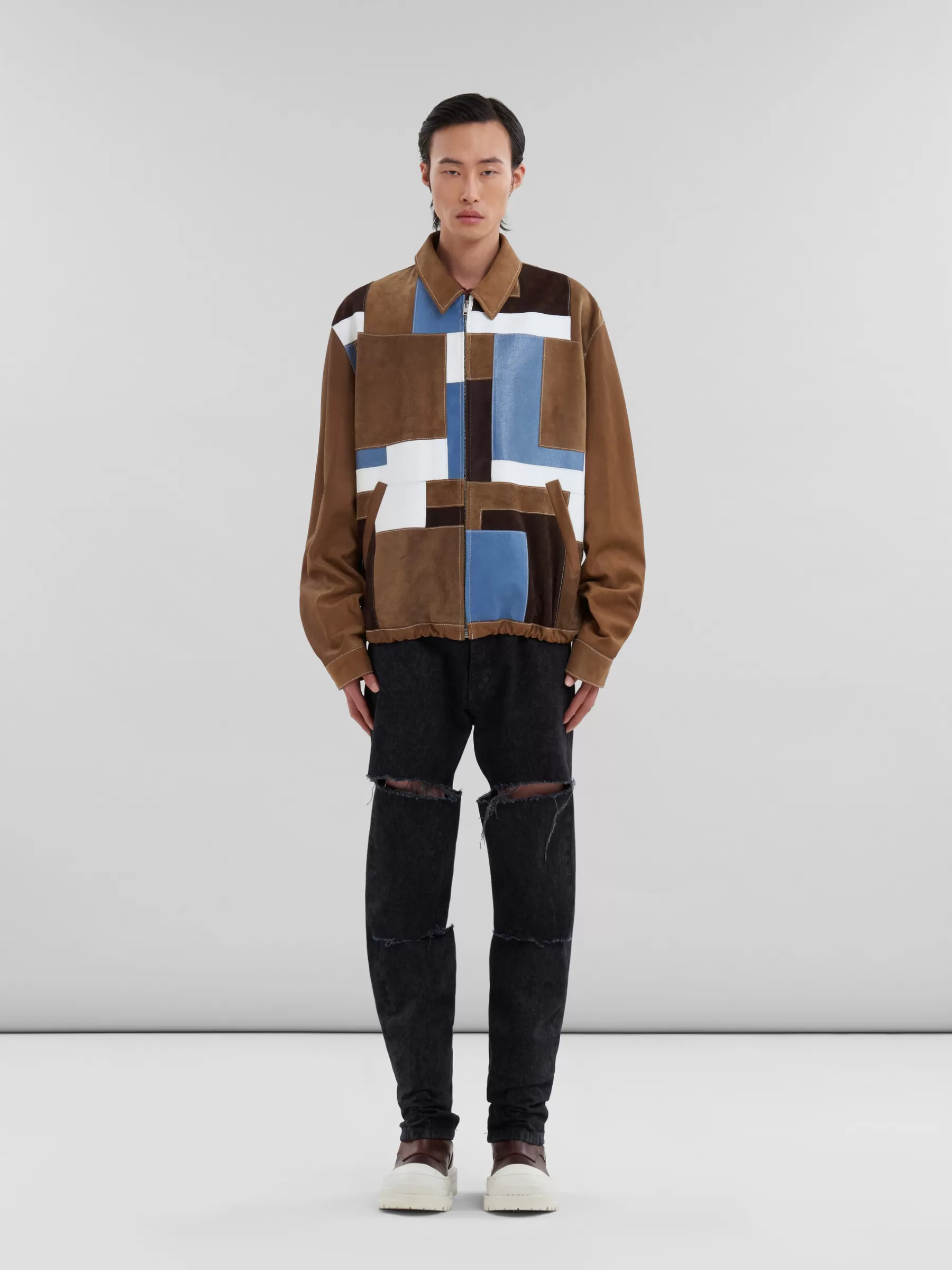 Marni Brown Suede And Leather Patchwork Jacket NATURAL/MOKA Cheap