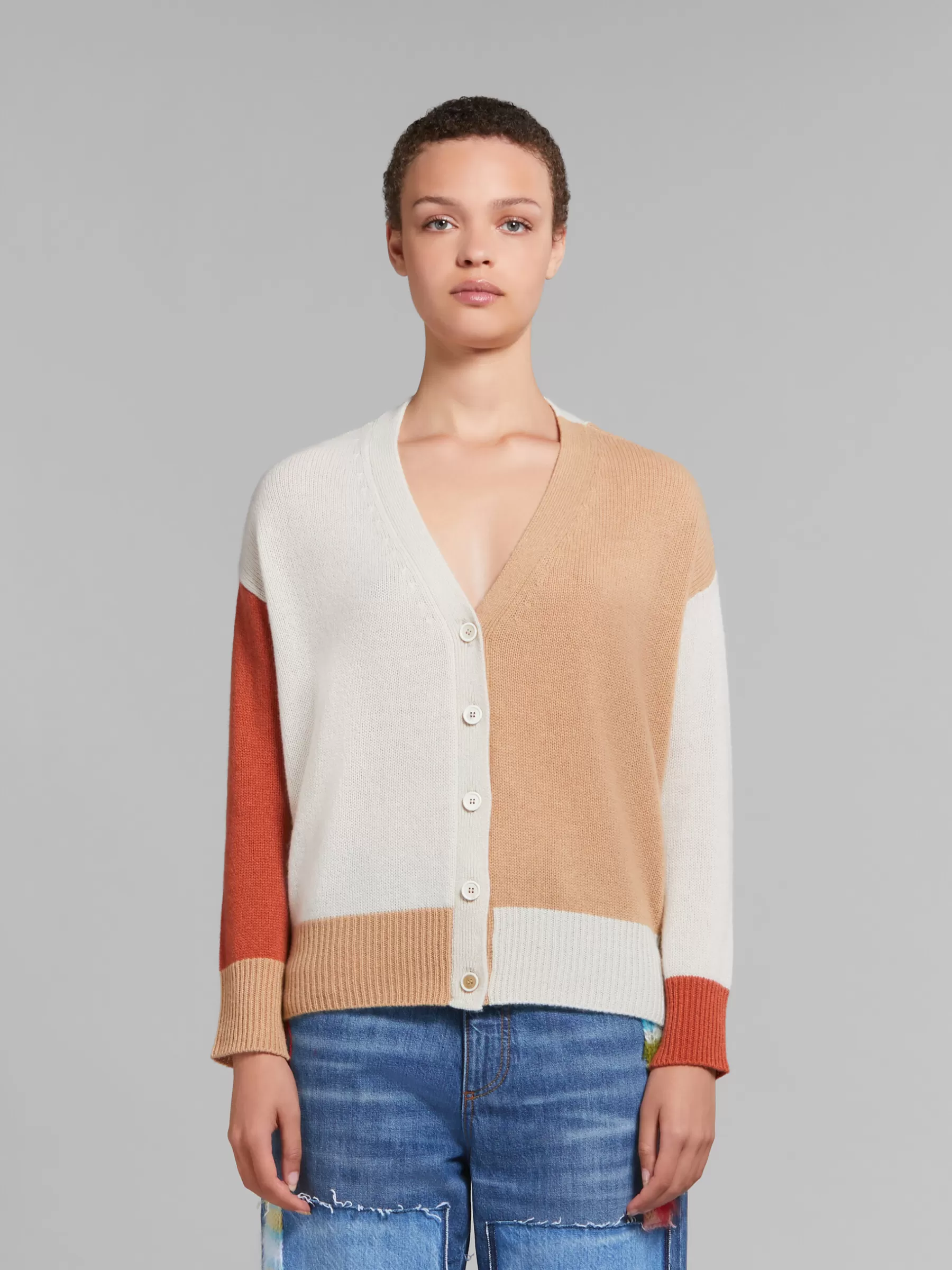 Marni Cream Colour-block Cashmere Cardigan ALABASTER Online