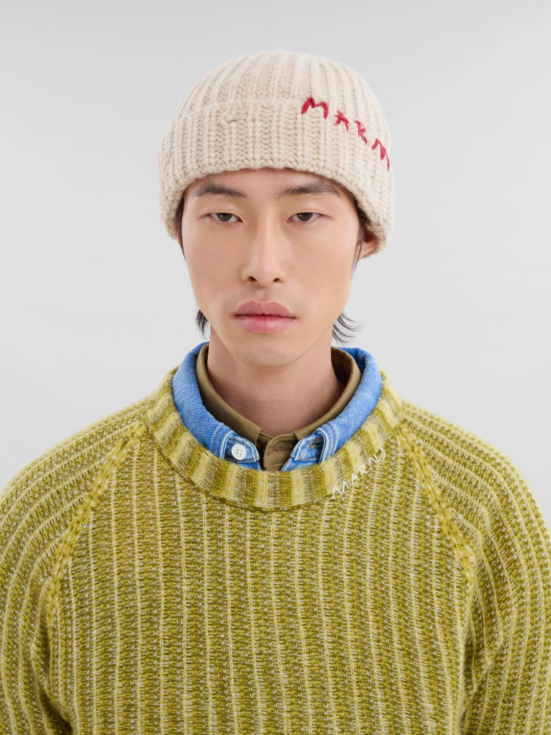 Marni Cream Shetland Wool Beanie With Mending BEIGE Fashion