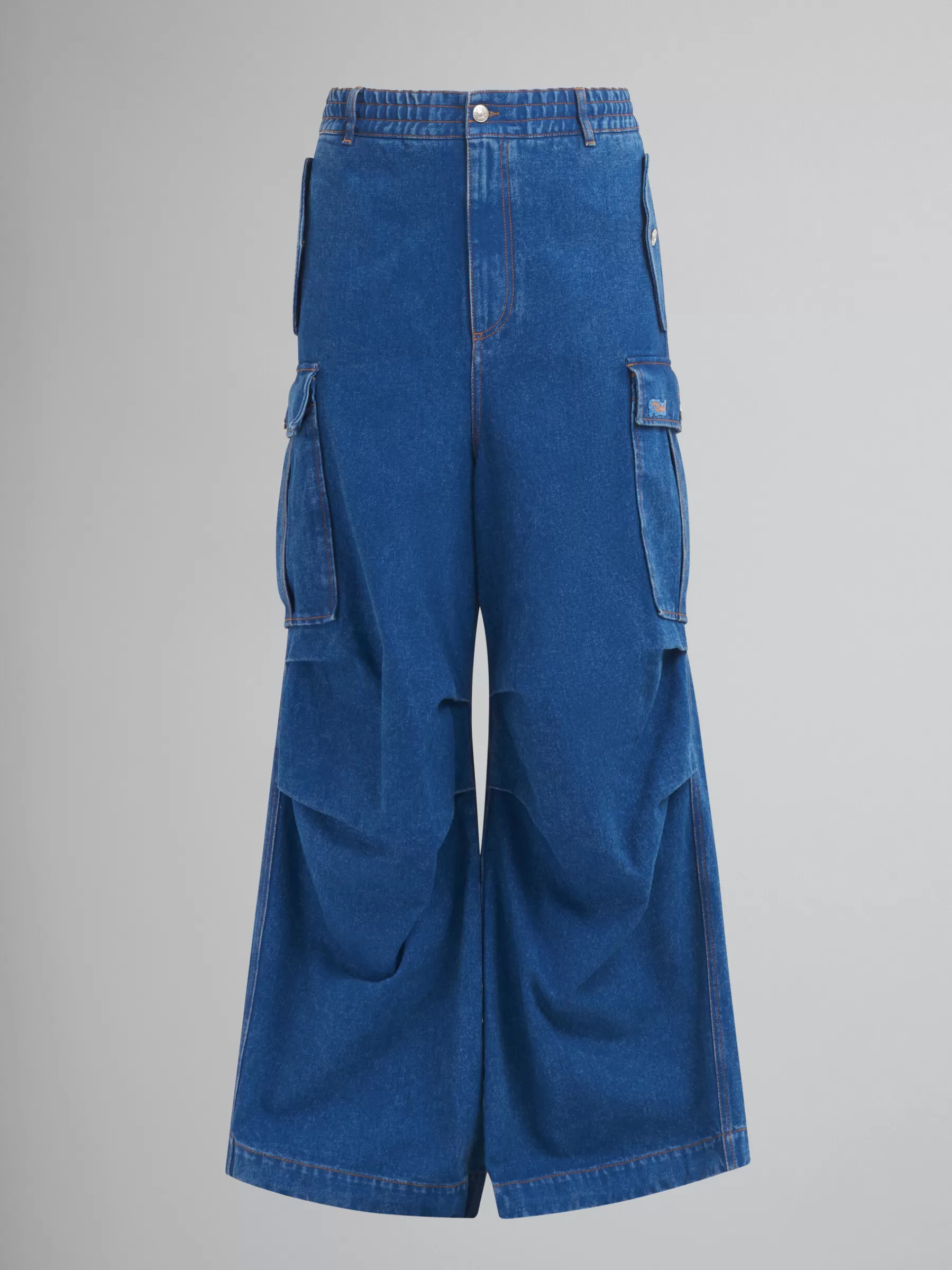 Marni Dark Blue Denim Cargo Pants With Logo Patch OCEAN Fashion