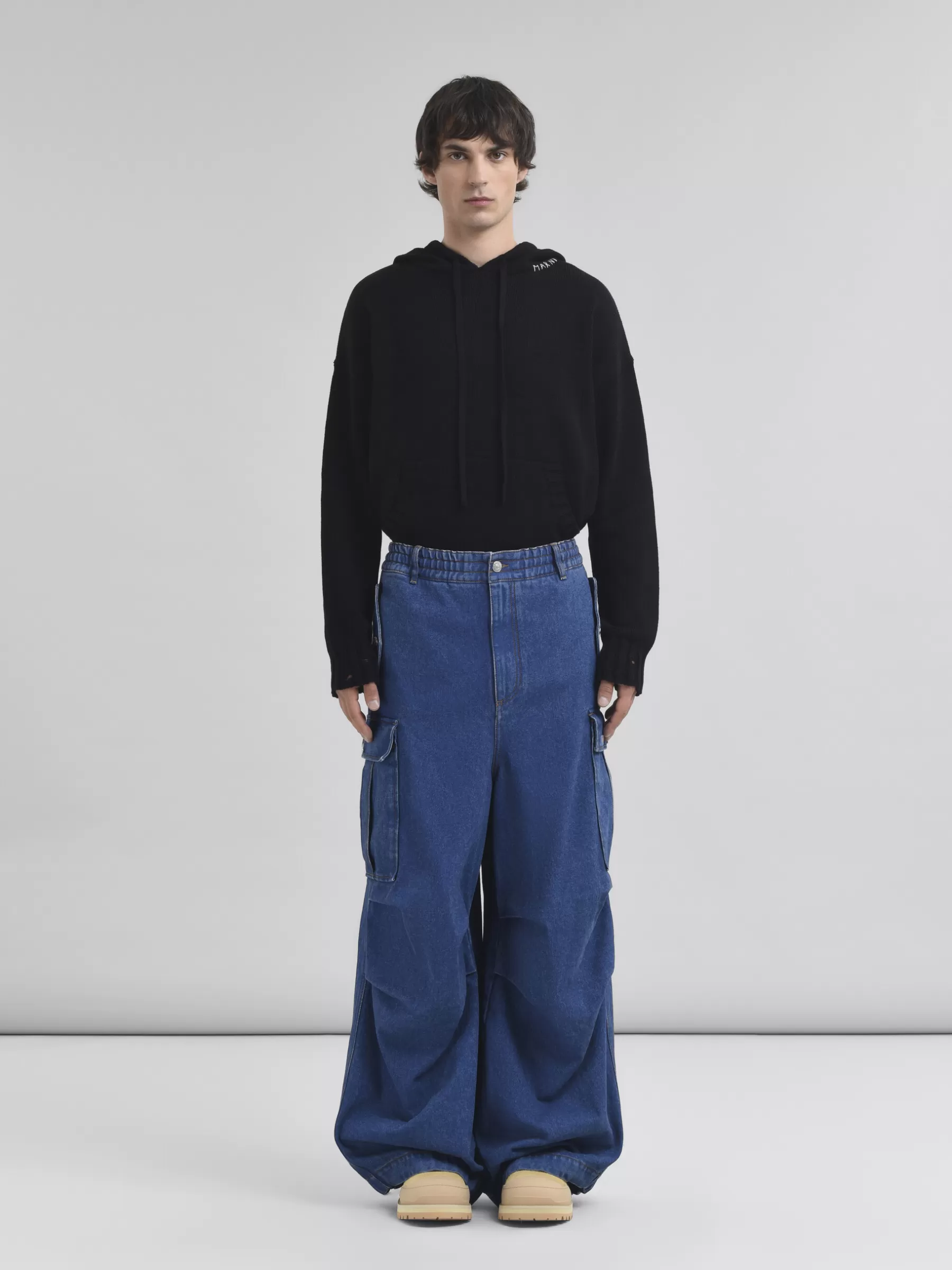 Marni Dark Blue Denim Cargo Pants With Logo Patch OCEAN Fashion