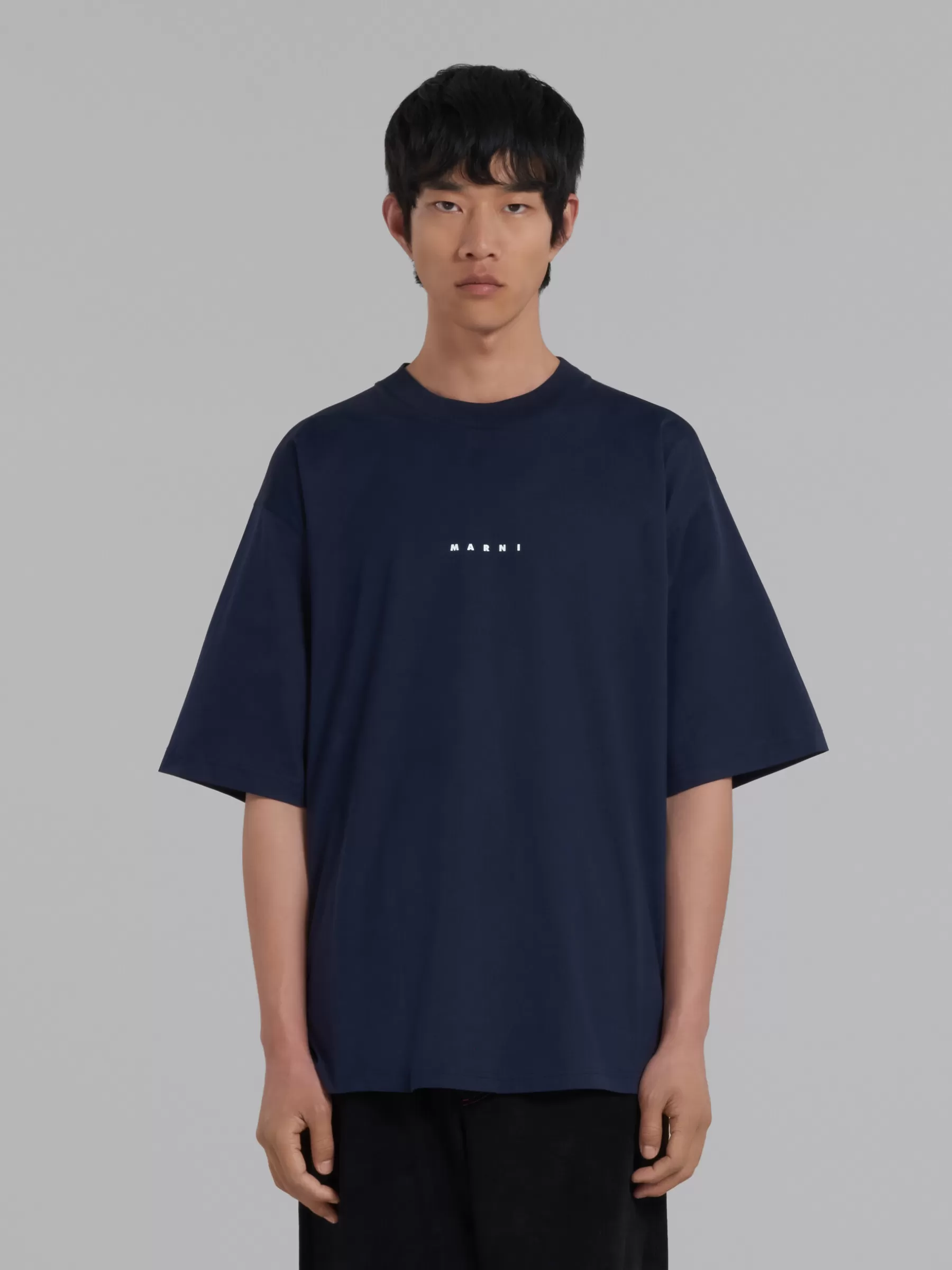 Marni Dark Blue Organic Cotton T-shirt With Logo BLUBLACK Hot