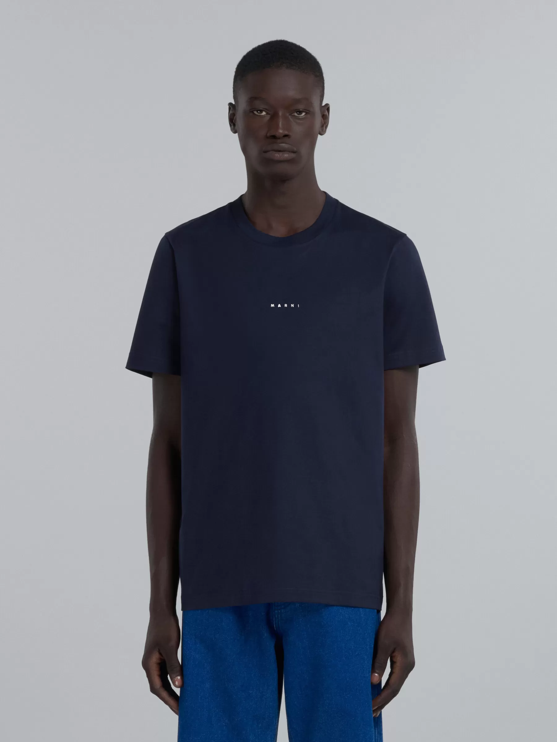 Marni Dark Blue Organic Cotton T-shirt With Logo BLUBLACK Sale