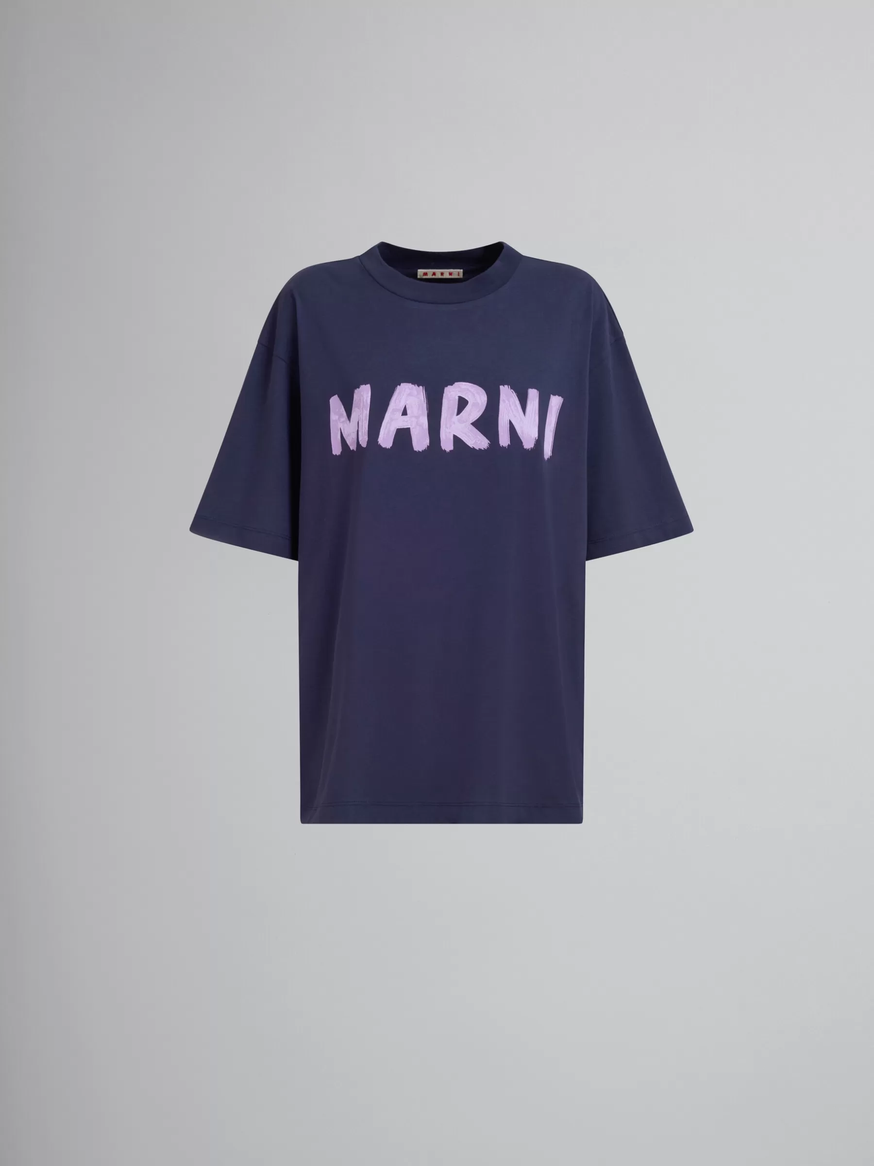 Marni Deep Blue Organic Cotton T-shirt With Logo BLUBLACK Discount