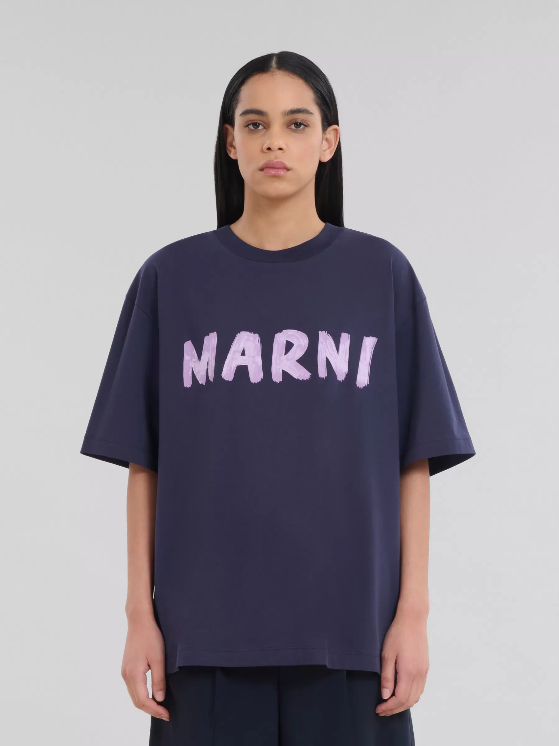 Marni Deep Blue Organic Cotton T-shirt With Logo BLUBLACK Discount