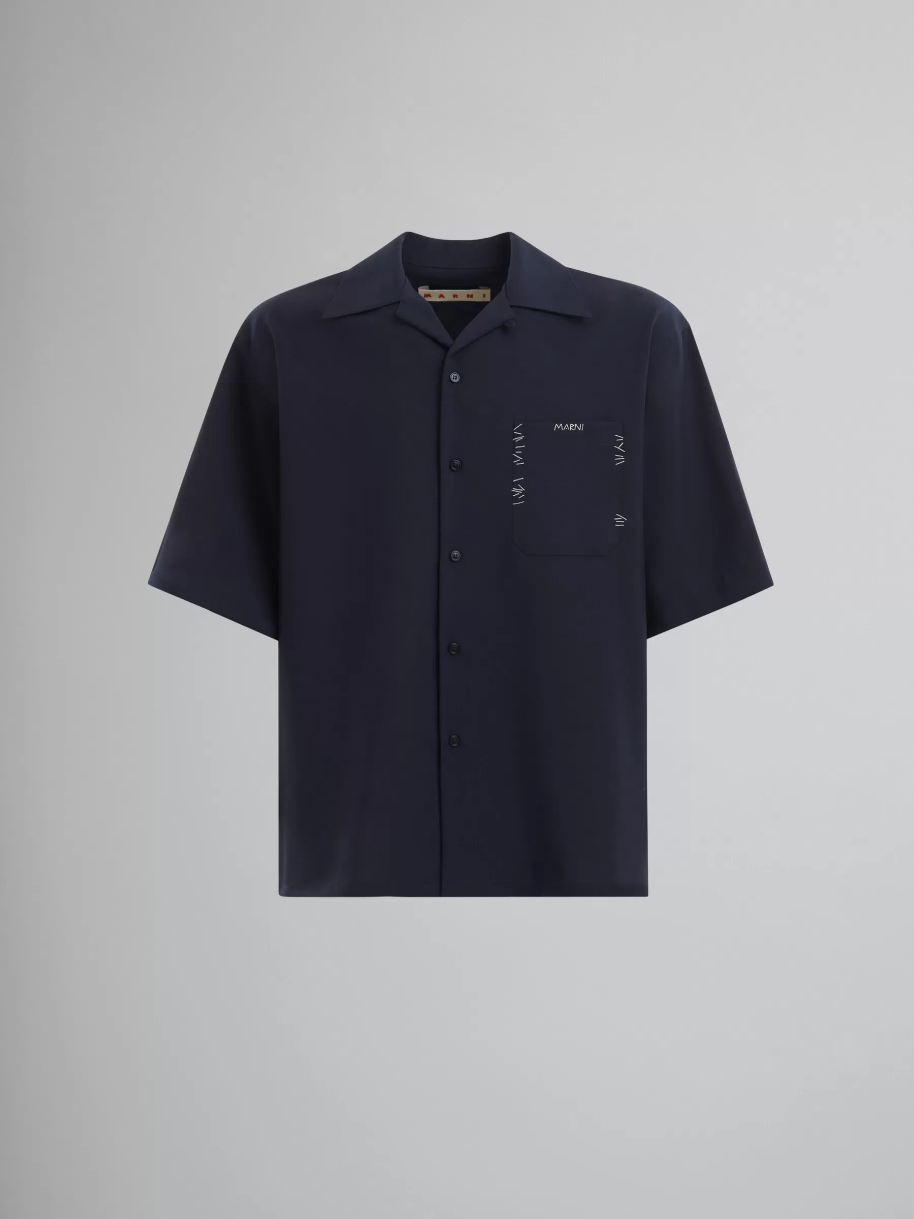 Marni Deep Blue Tropical Wool Bowling Shirt With Mending BLUBLACK Fashion