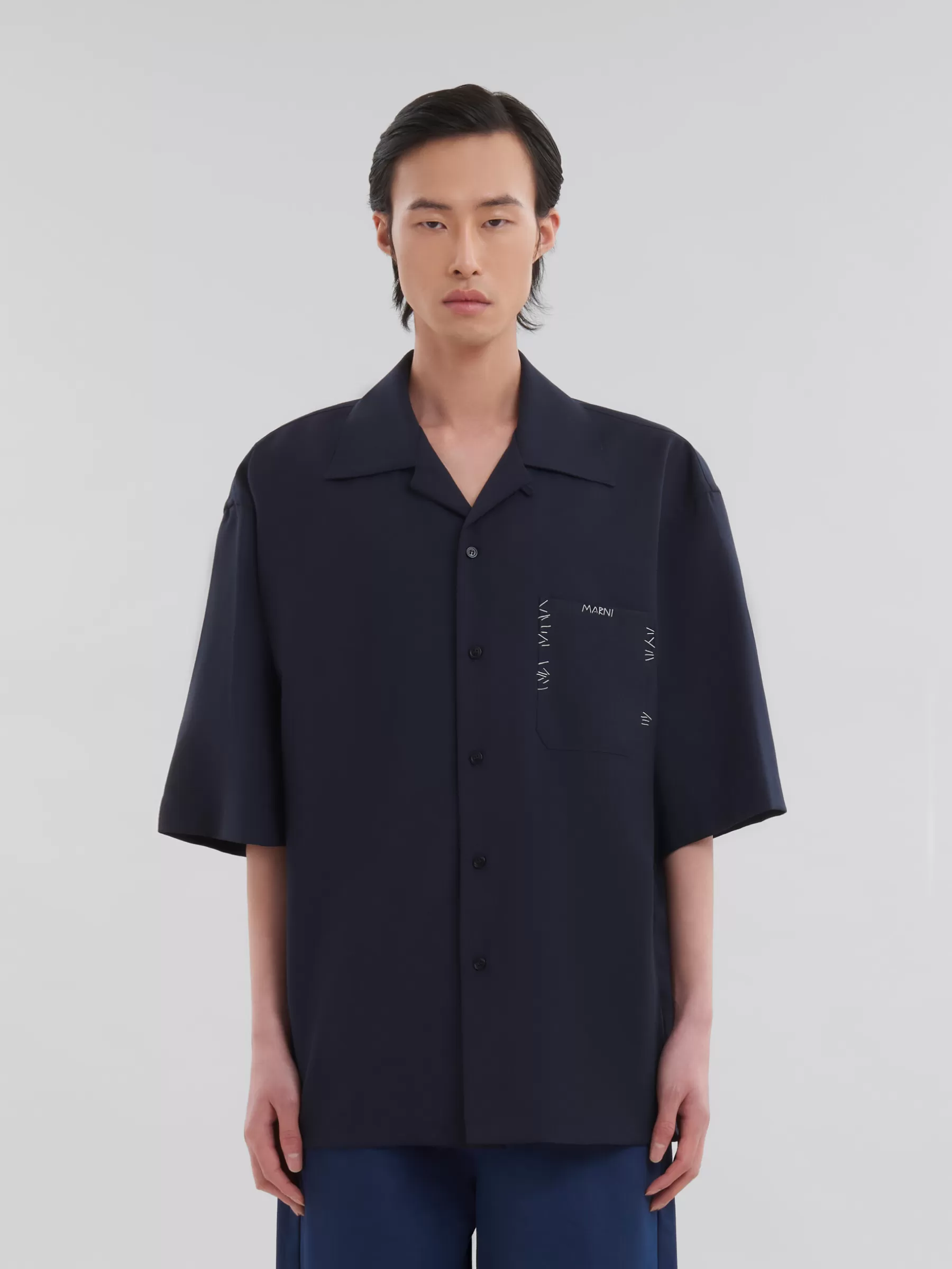 Marni Deep Blue Tropical Wool Bowling Shirt With Mending BLUBLACK Fashion