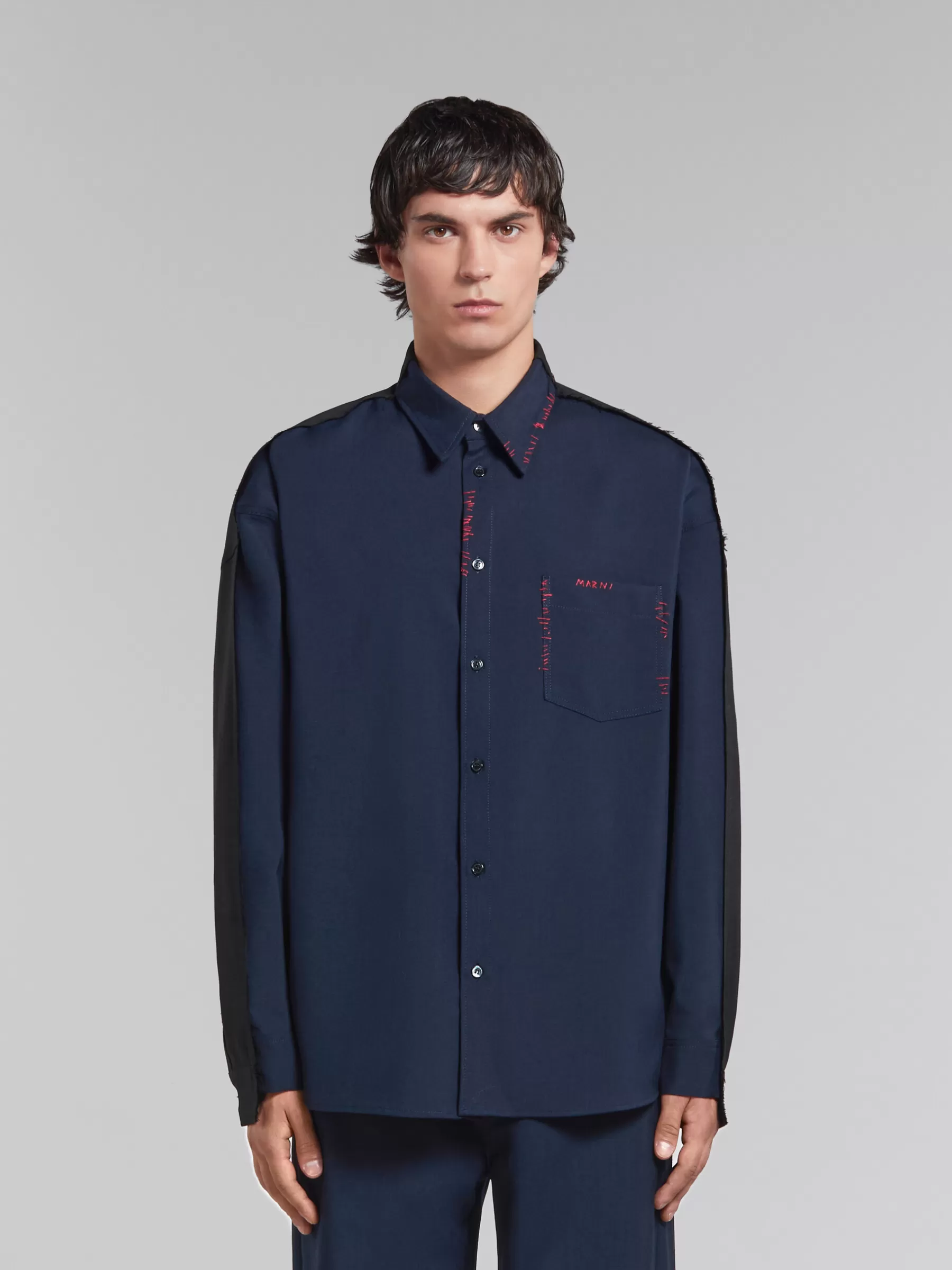 Marni Deep Blue Tropical Wool Shirt With Contrast Back BLUBLACK Cheap