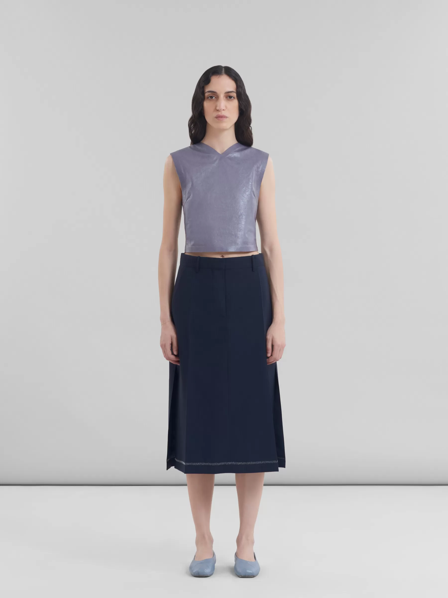 Marni Deep Blue Wool Midi Skirt With Pressed Pleats BLUBLACK Sale