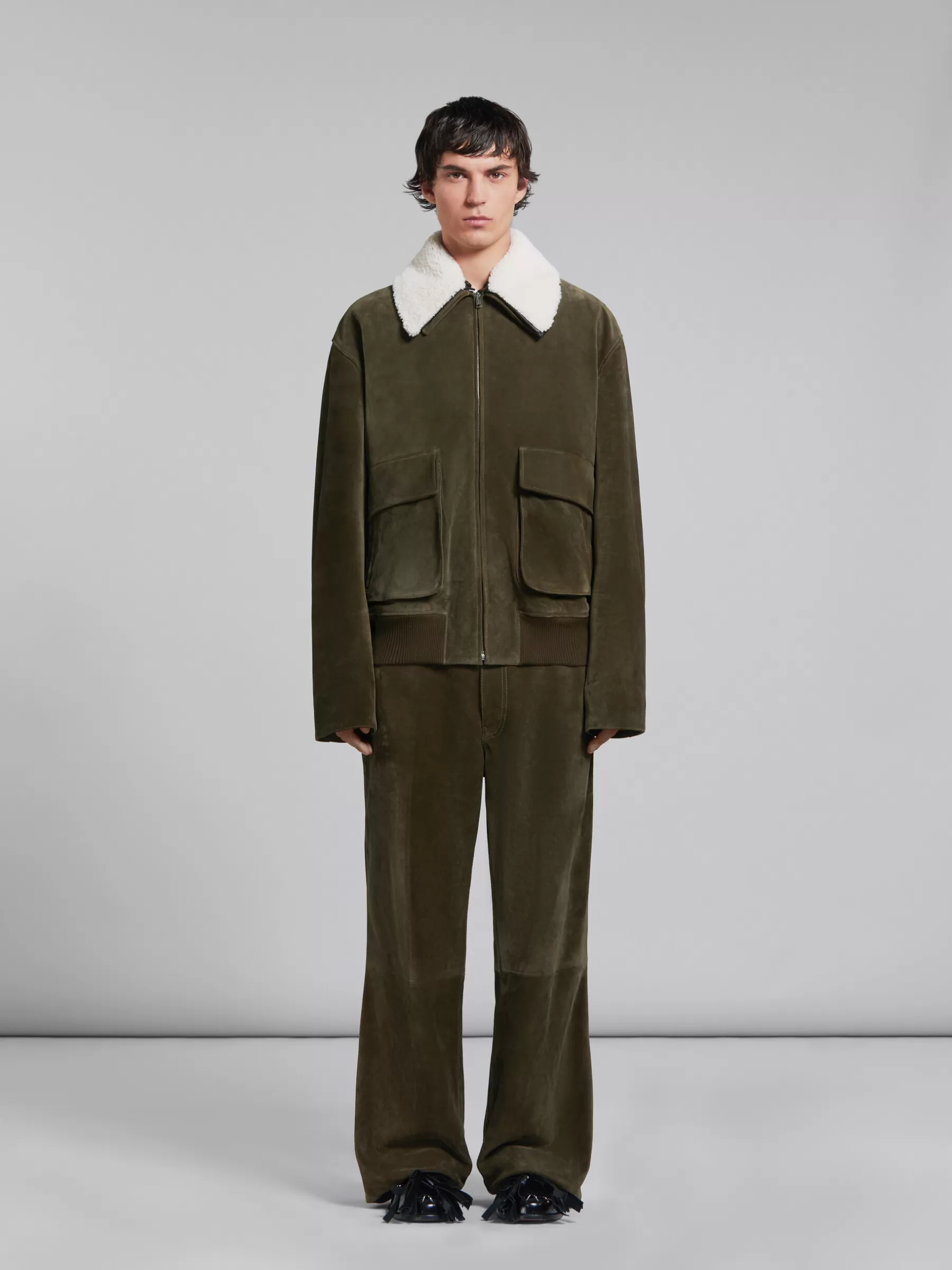 Marni Green Suede Jacket With Shearling Collar DARKOLIVE Flash Sale