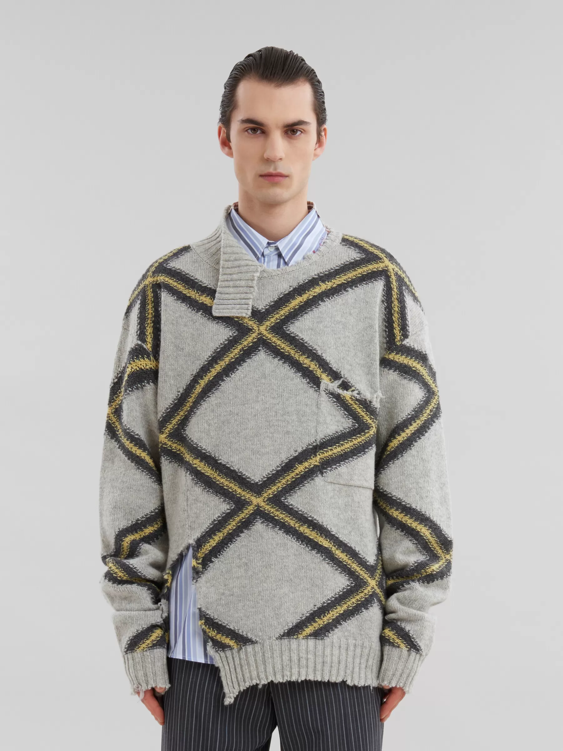 Marni Grey Broken Wool Jumper With Argyle Motif SODIUM Hot