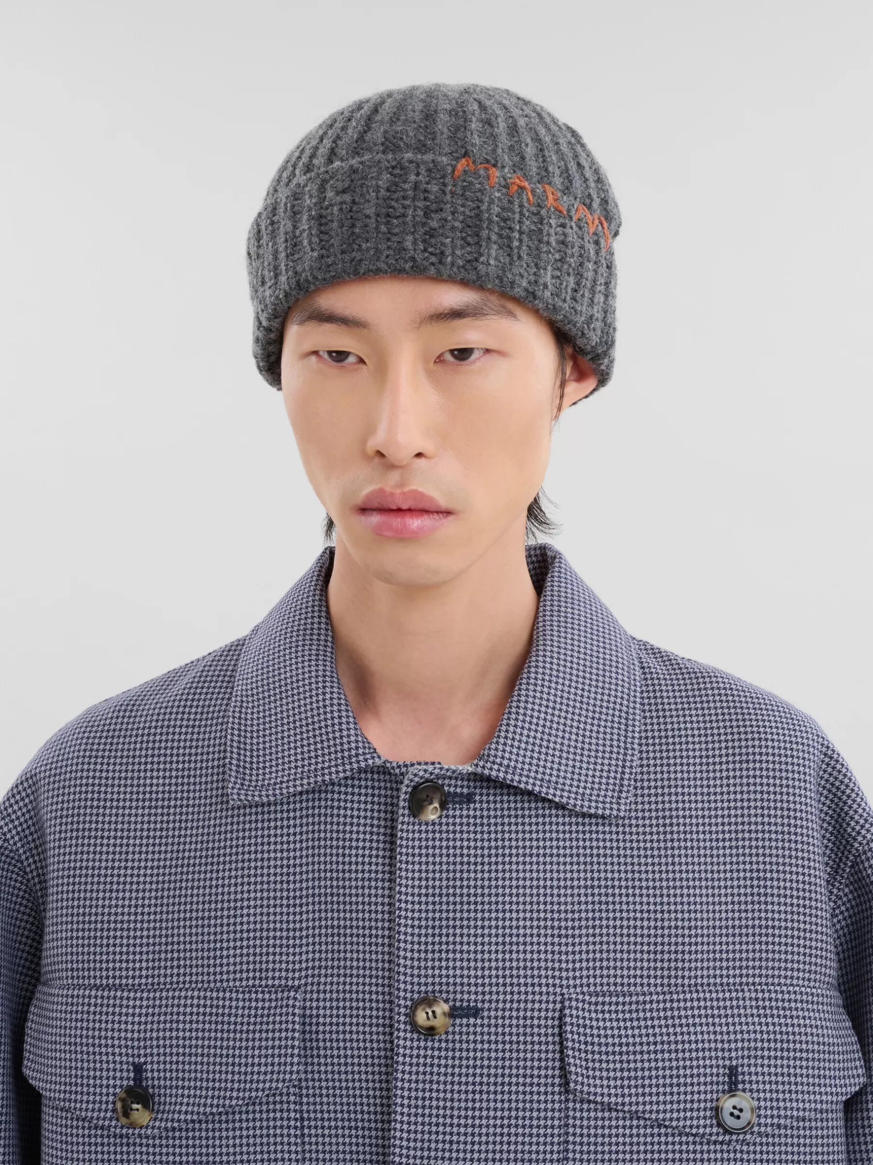 Marni Grey Shetland Wool Beanie With Mending GRANITE Best