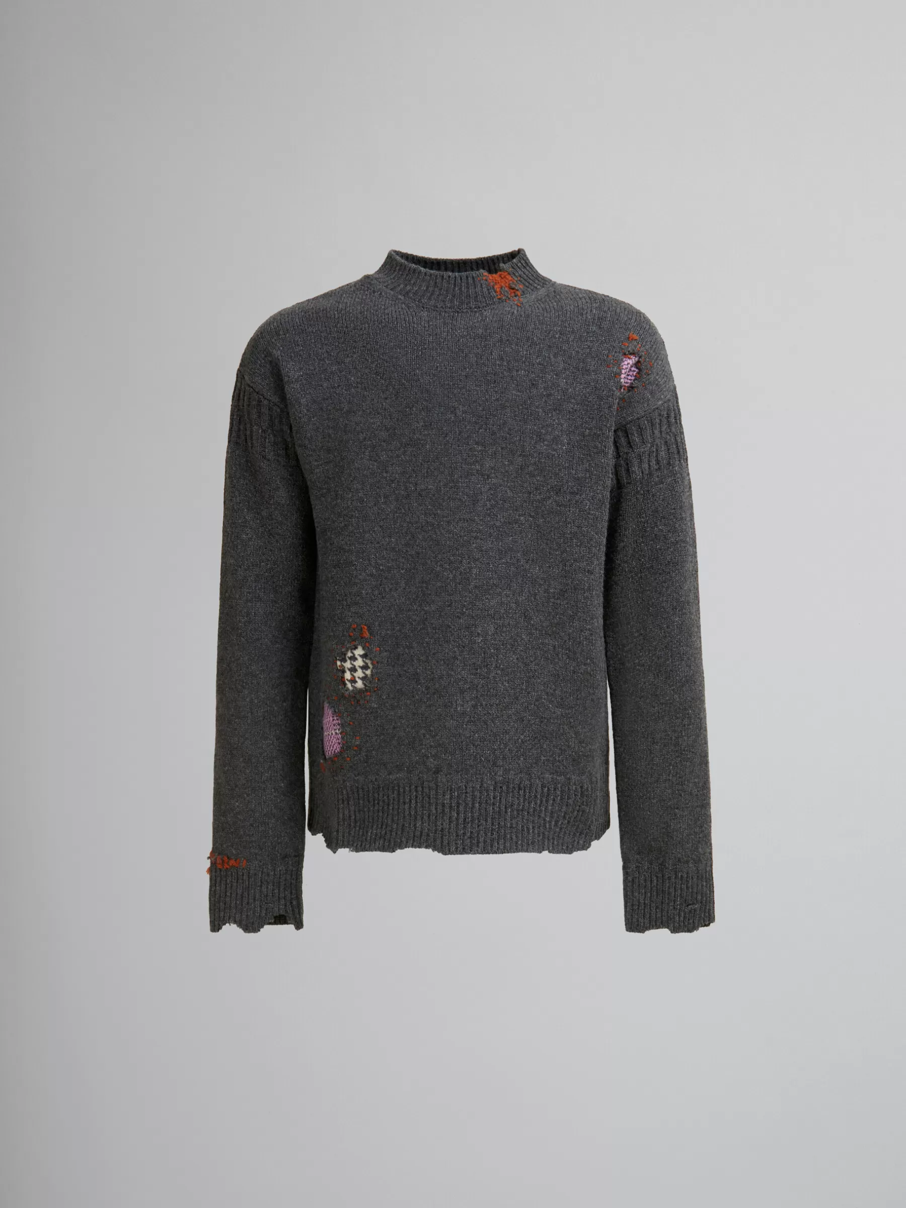 Marni Grey Shetland Wool Jumper With Mending Embroidery GRANITE Outlet
