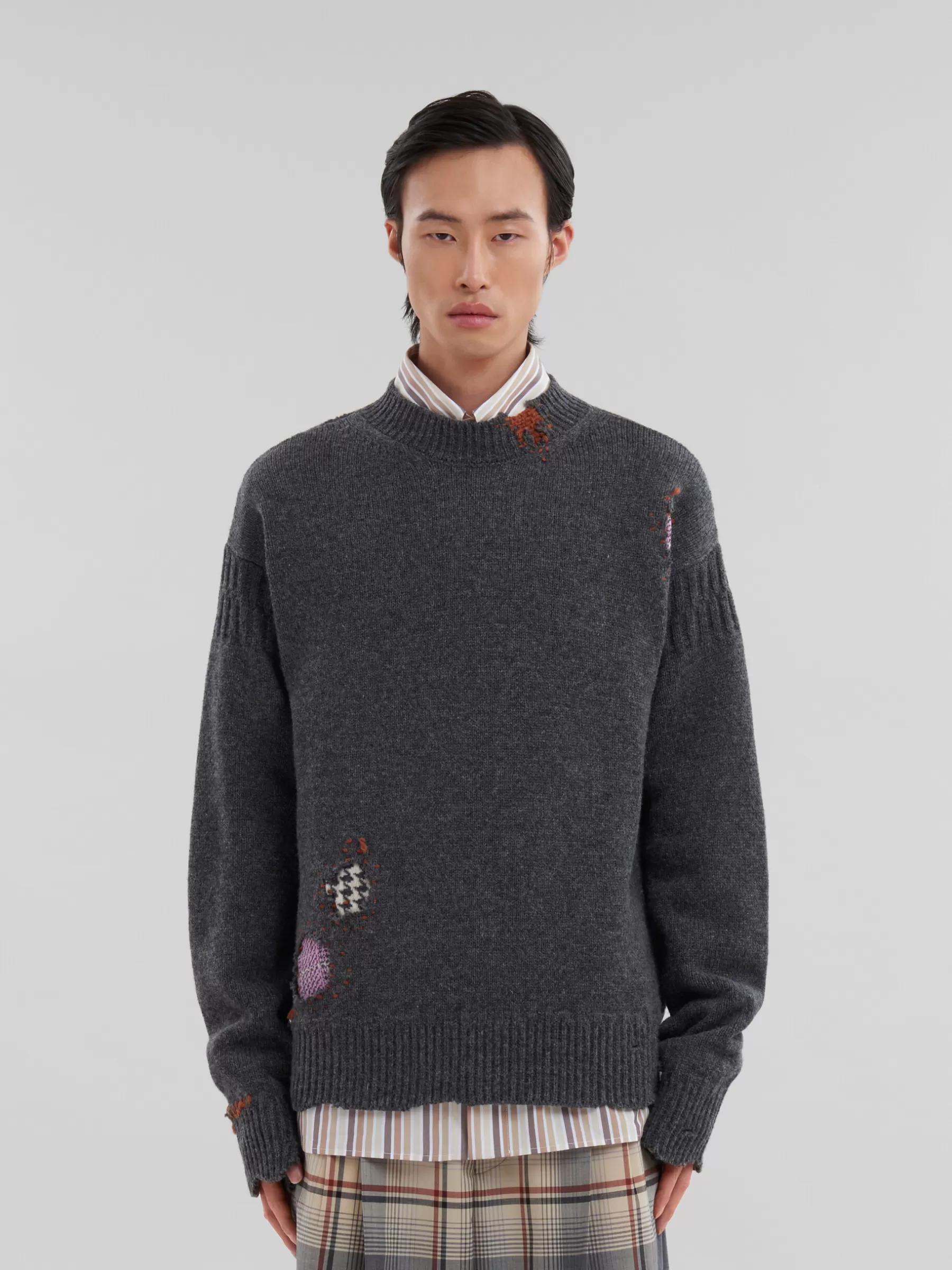Marni Grey Shetland Wool Jumper With Mending Embroidery GRANITE Outlet