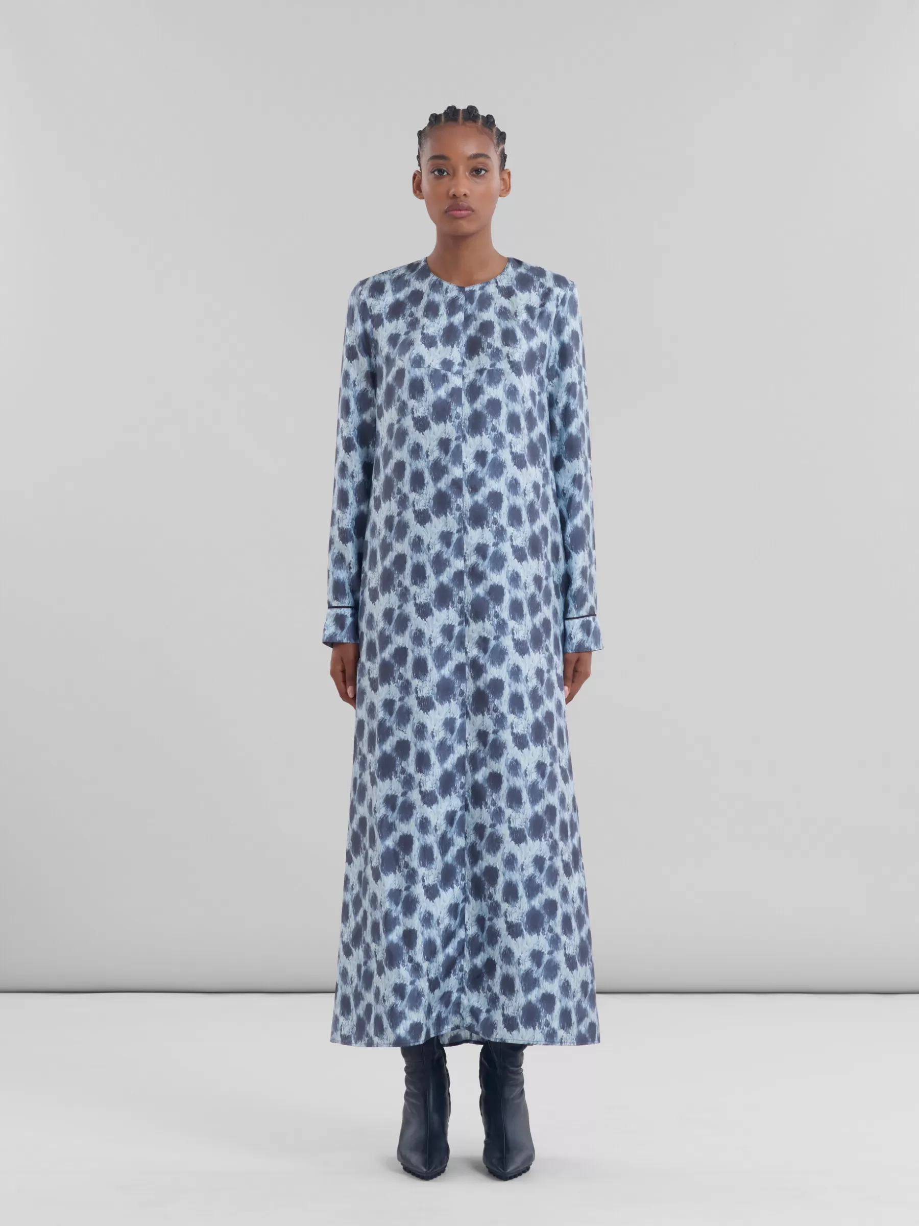 Marni Grey Silk Long Dress With Crayon Leopard Print ANTIQUE SILVER Store