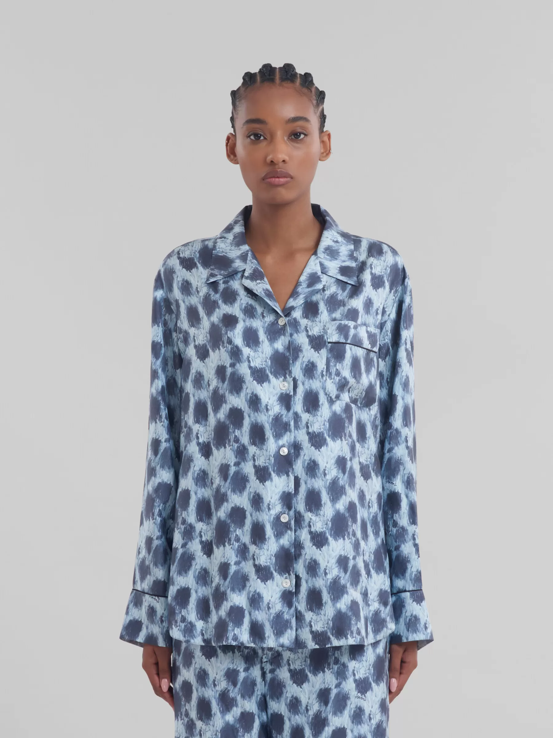Marni Grey Silk Shirt With Crayon Leopard Print ANTIQUE SILVER Hot
