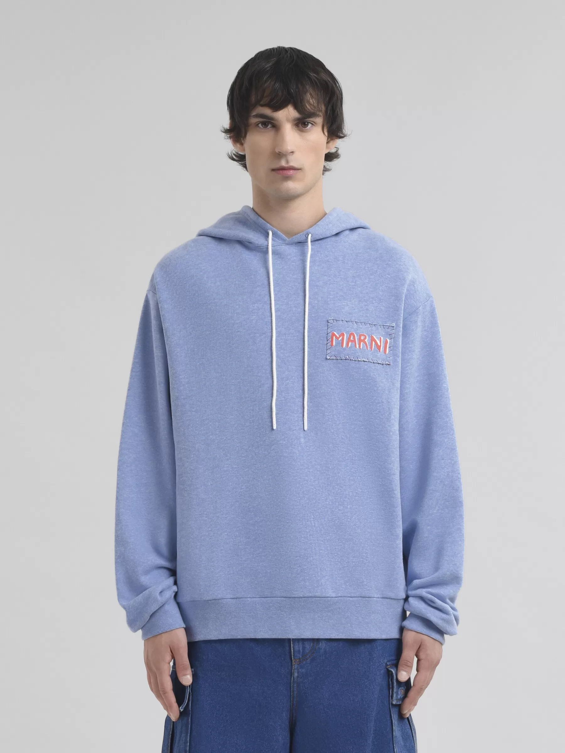 Marni Light Blue Melange Cotton Hoodie With Patch LIGHTBLUE Flash Sale