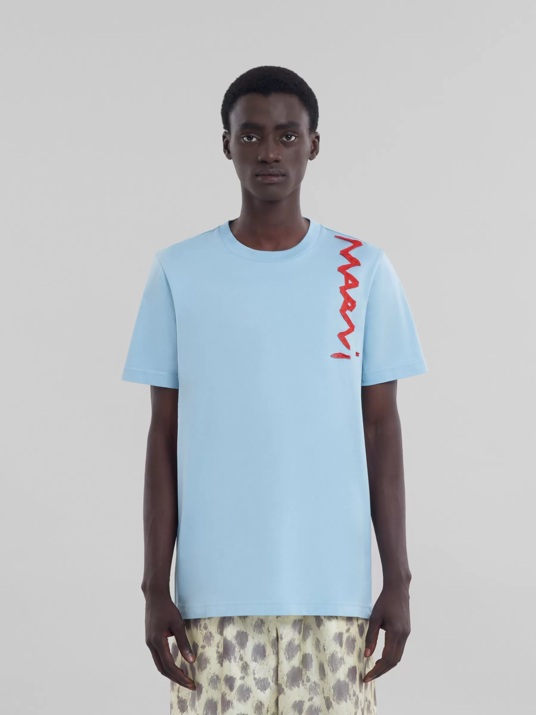 Marni Light Blue Organic Cotton T-shirt With Mending Logo LEADEN BLUE Clearance