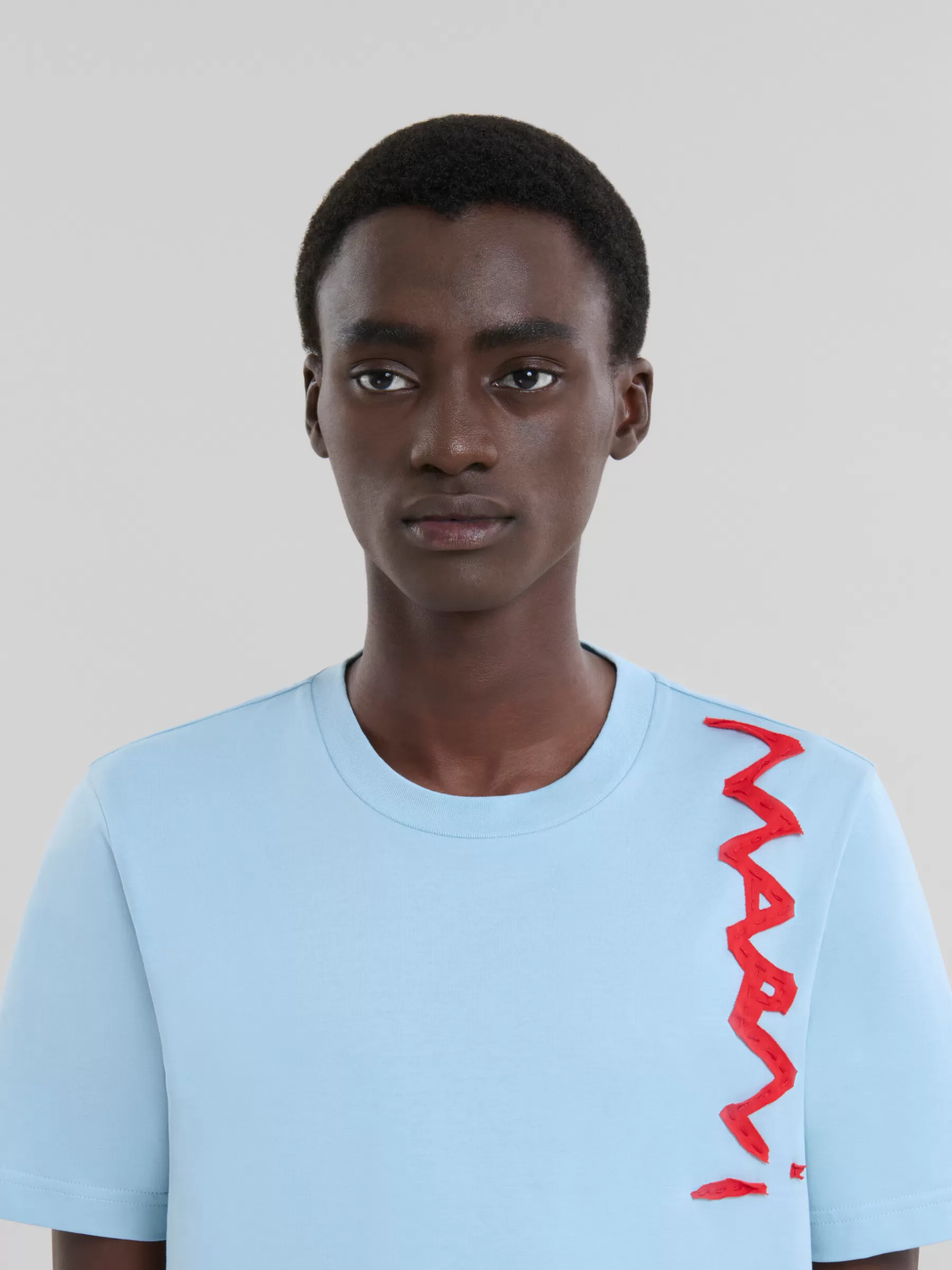 Marni Light Blue Organic Cotton T-shirt With Mending Logo LEADEN BLUE Clearance