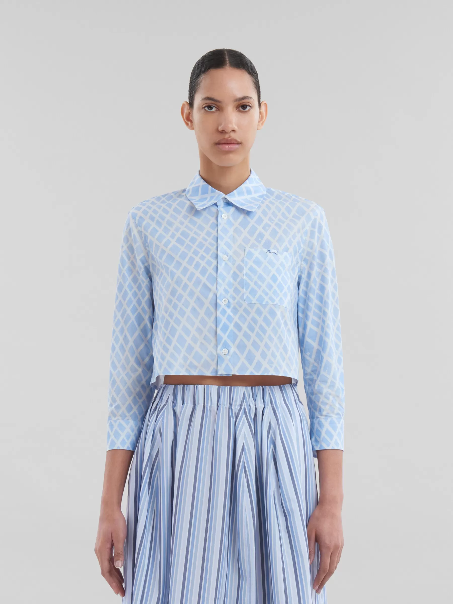 Marni Light Blue Organic Poplin Cropped Shirt With Landscapes Print LIGHTBLUE Hot