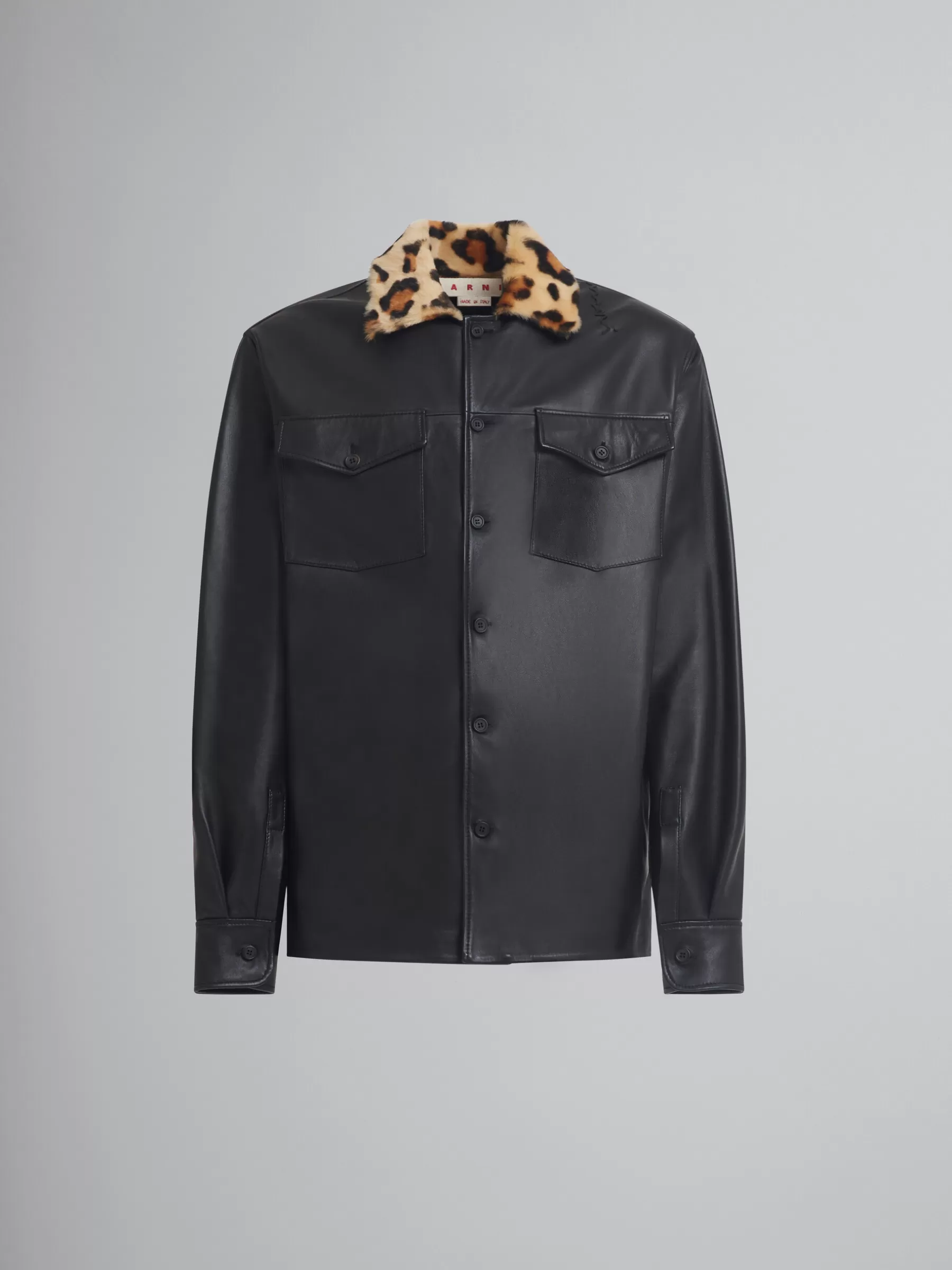 Marni Nappa Leather Shirt With Animalier Shearling Collar BLACK Best Sale