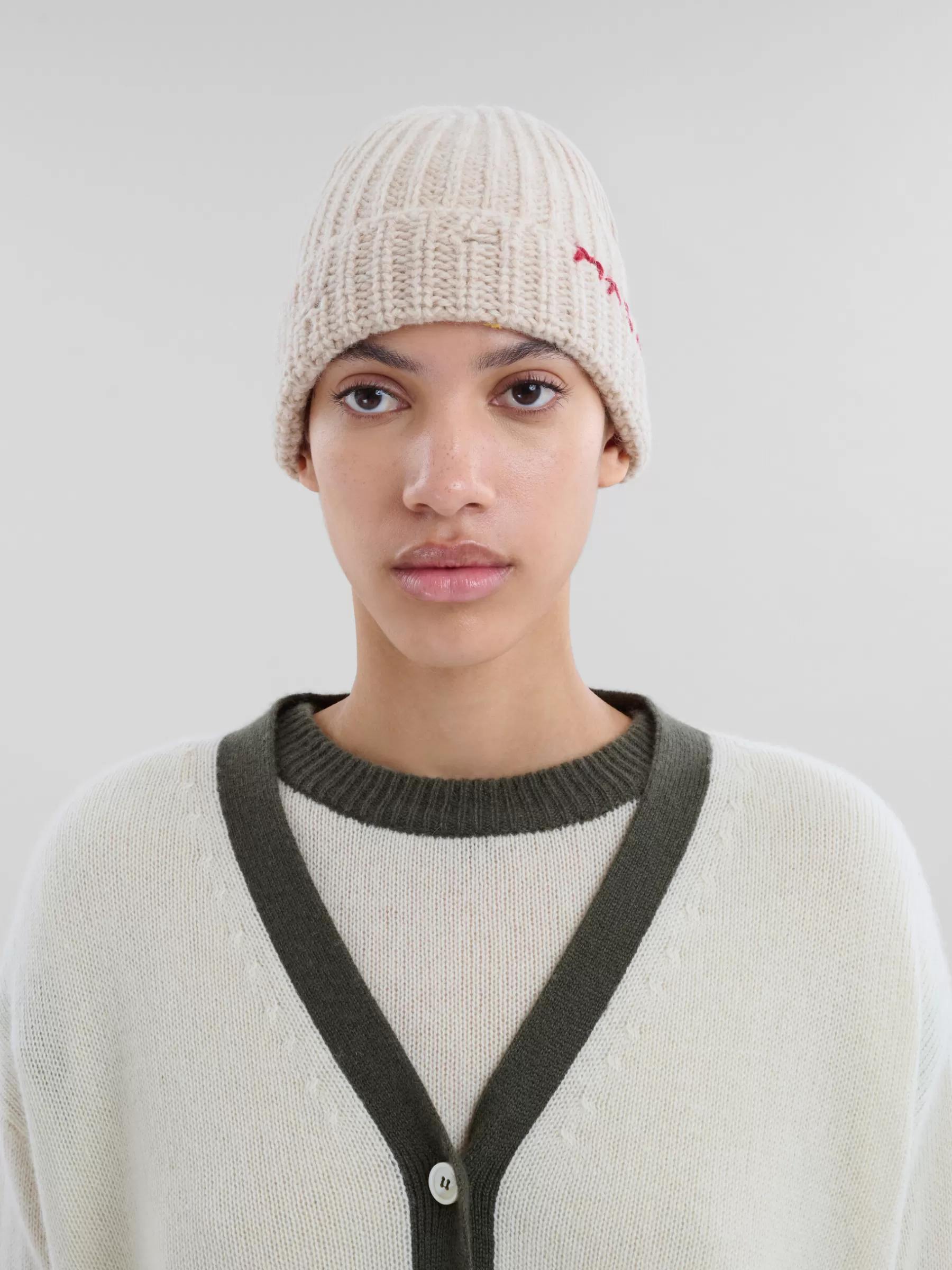 Marni Oat Shetland Wool Beanie With Mending BEIGE Discount