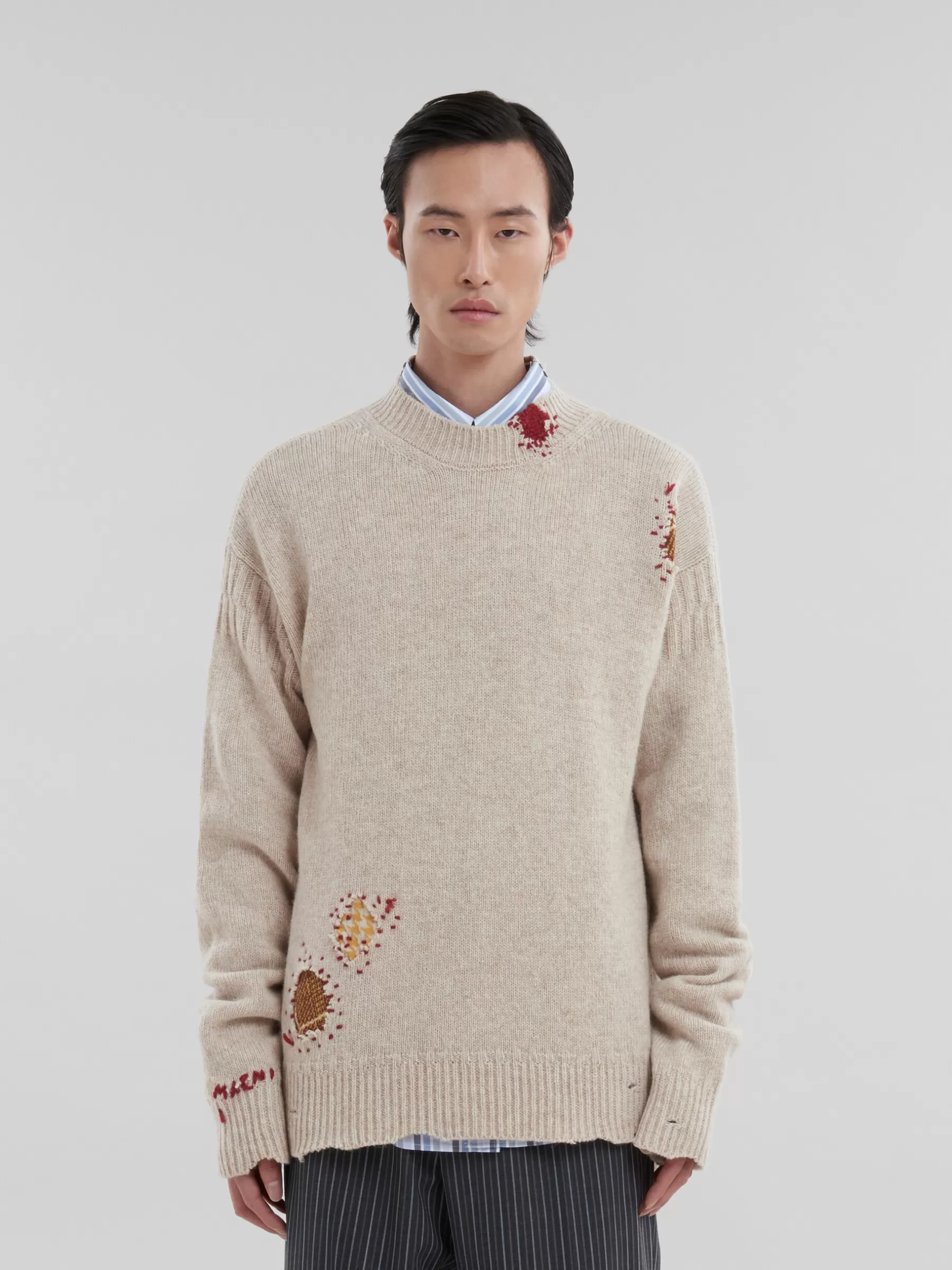 Marni Oat Shetland Wool Jumper With Mending Embroidery BEIGE Hot