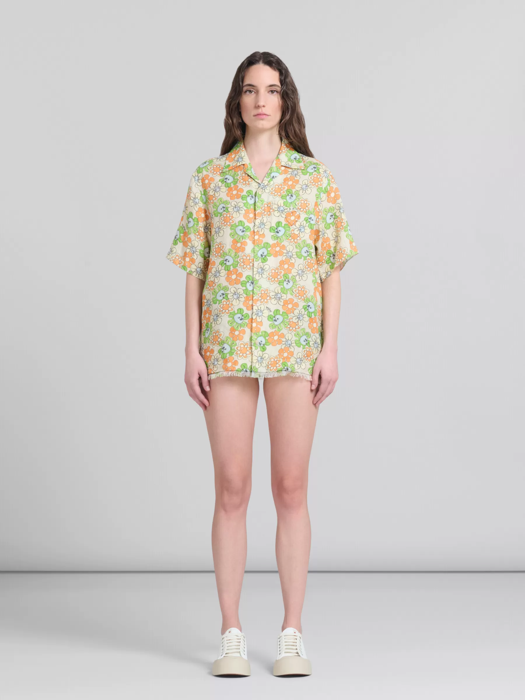 Marni Orange And Green Printed Linen Shirt BONE Outlet