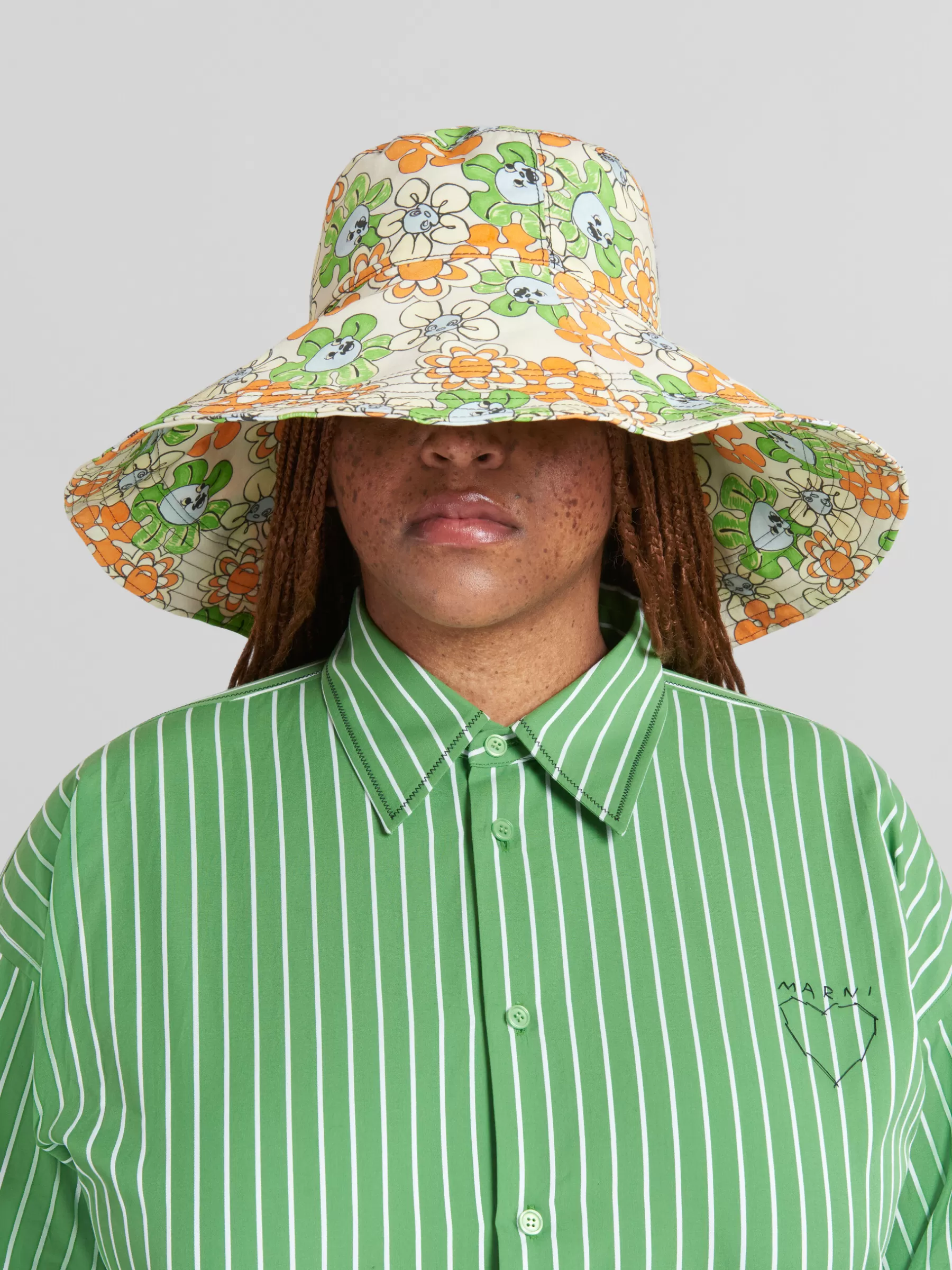 Marni Orange And Green Printed Organic Gabardine Hat BONE Flash Sale