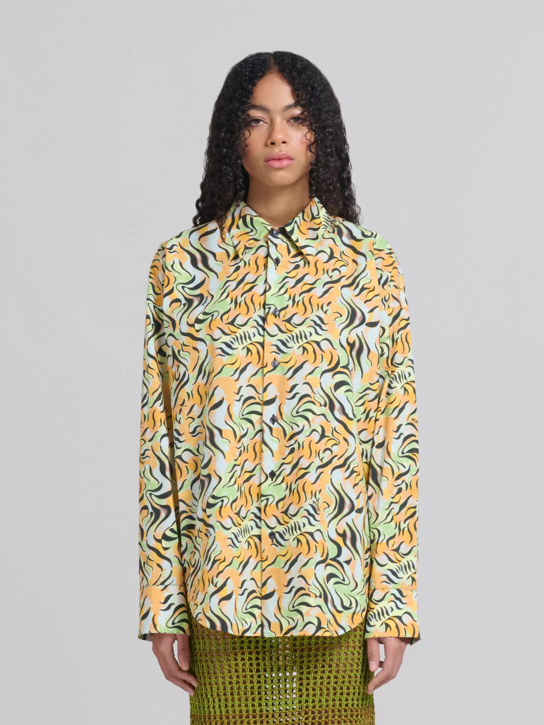 Marni Orange And Green Printed Organic Poplin Shirt LIGHTORANGE Outlet