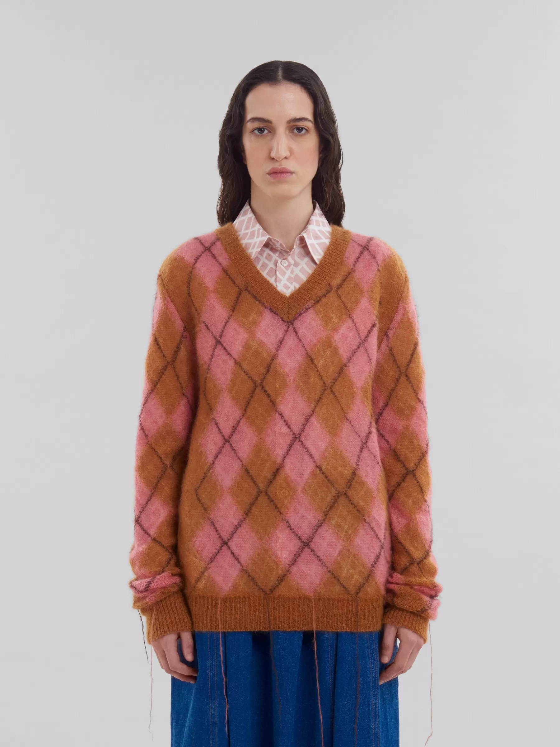 Marni Orange Mohair Argyle Jumper With Floating Threads CAMELLIA Outlet