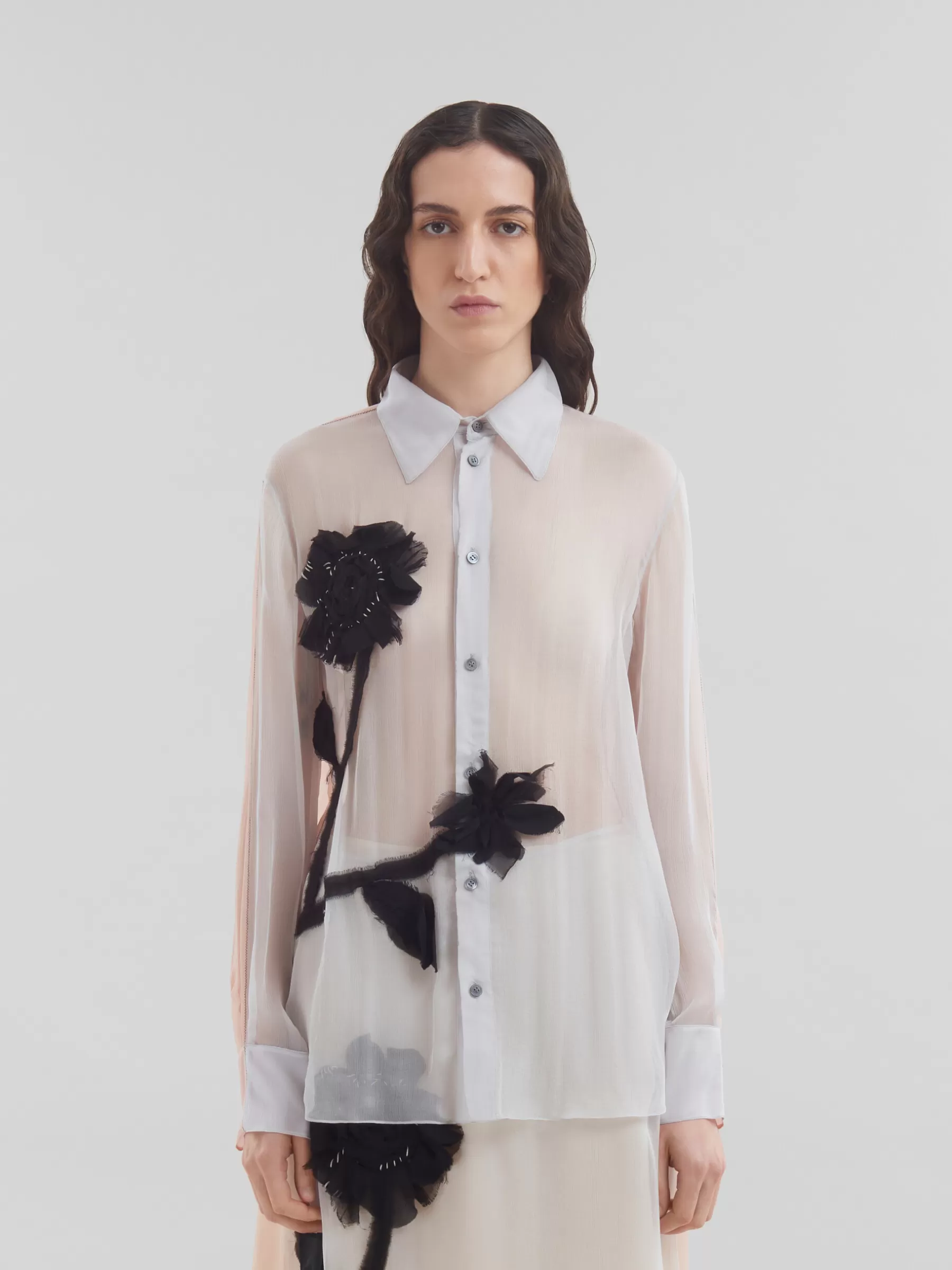 Marni Peach And Light Blue Crepon Shirt With Flower Appliqués SODIUM Best
