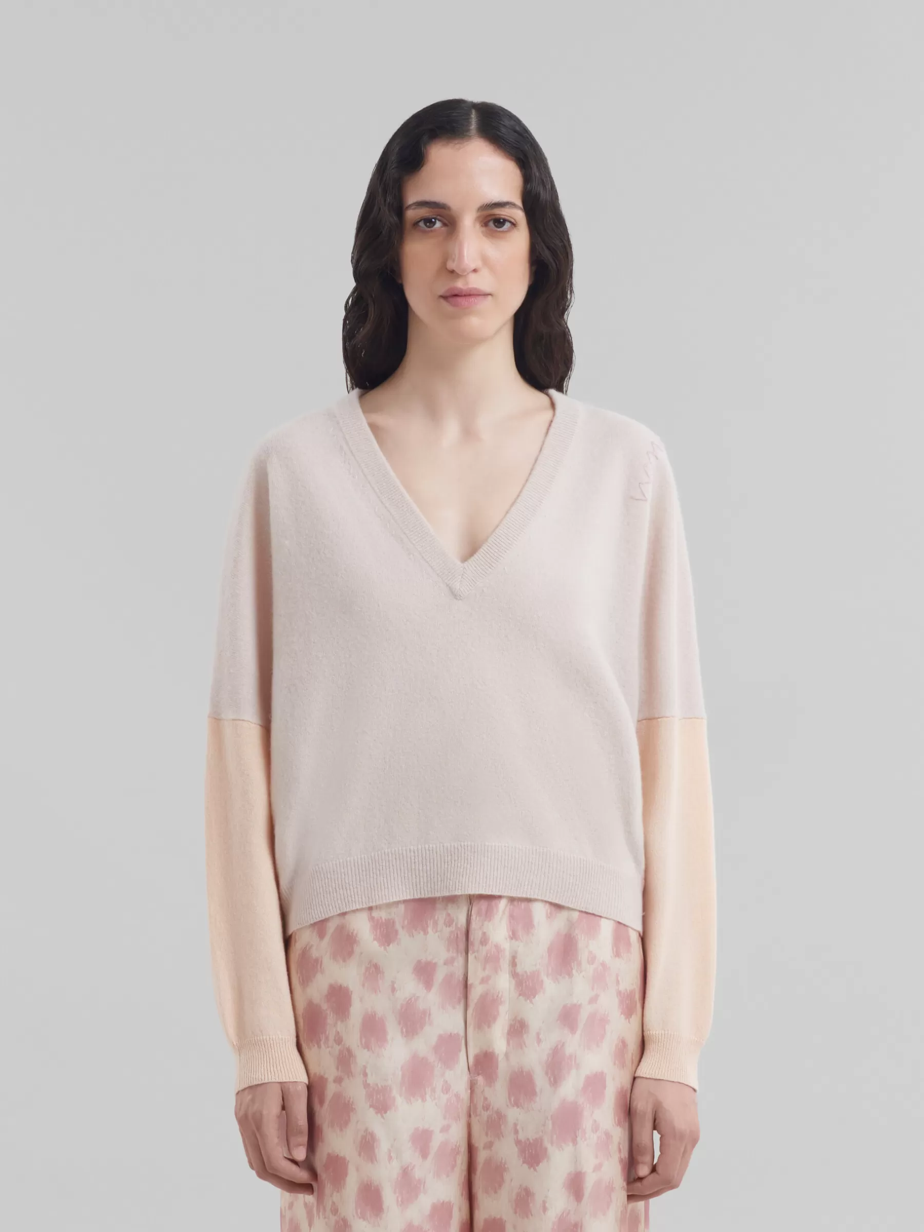 Marni Peach Pink Wool And Cashmere Color Block V-neck Sweater PALEPEACH Online