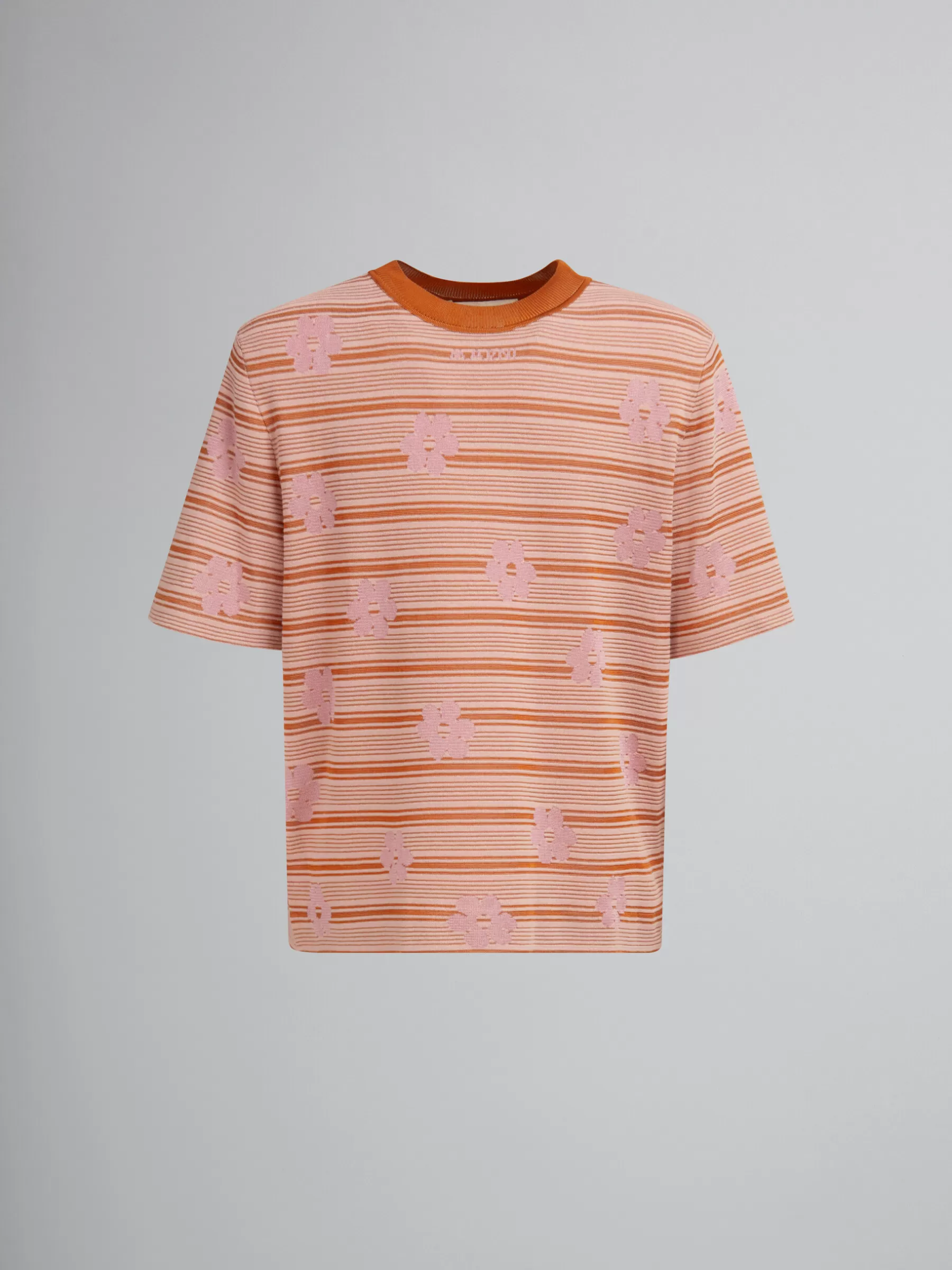 Marni Pink Cotton-viscose Striped Knit T-shirt With Floral Motif PINKGUMMY Store