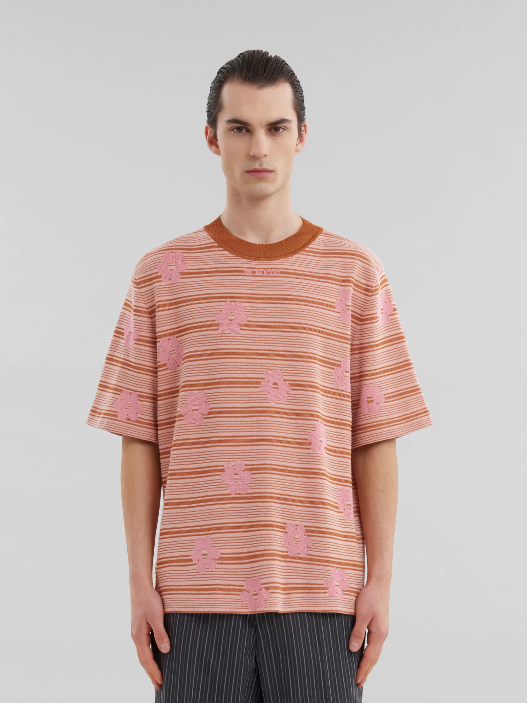 Marni Pink Cotton-viscose Striped Knit T-shirt With Floral Motif PINKGUMMY Store