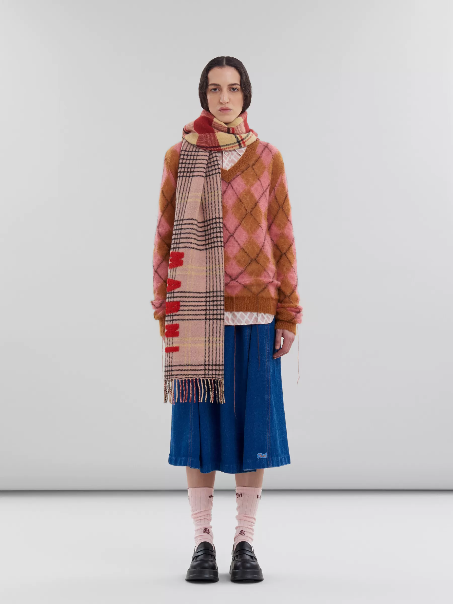 Marni Pink Double Check Wool Scarf ANTIQUEROSE Hot