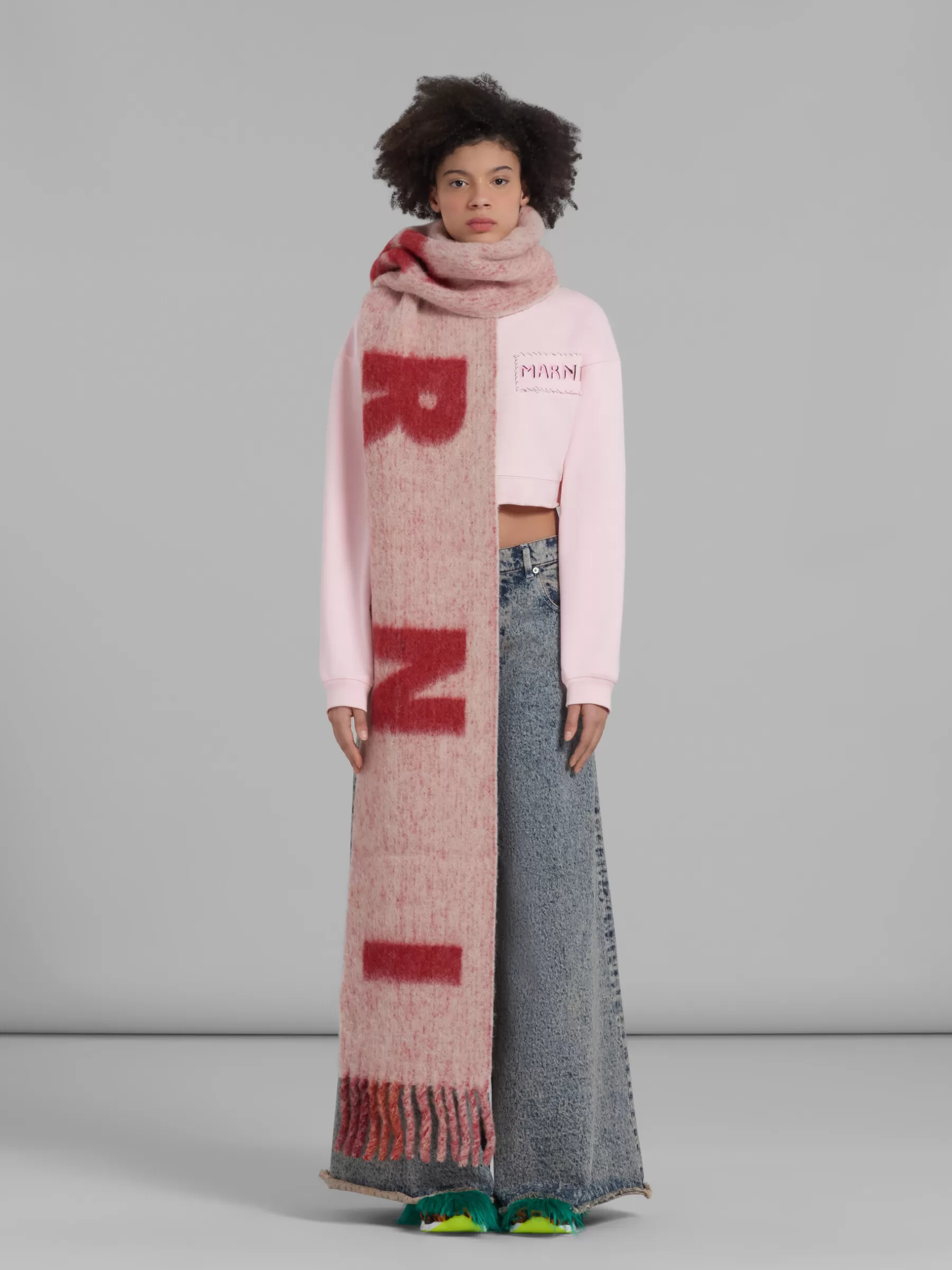 Marni Pink Mohair And Wool Scarf With Maxi Logo ROSE Cheap