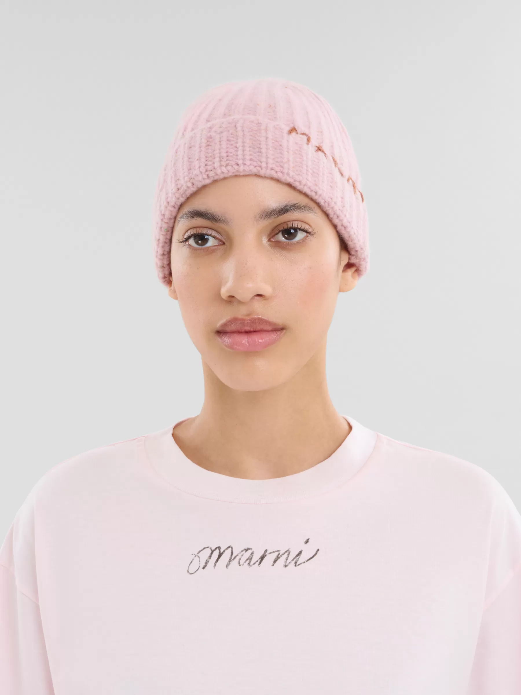 Marni Pink Shetland Wool Beanie With Mending PEONY Hot