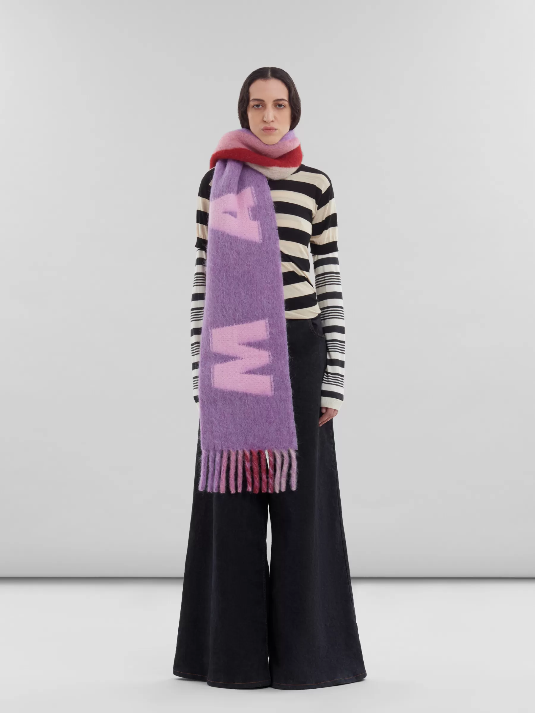 Marni Purple Mohair And Wool Scarf With Maxi Logo PRUNEVIOLET Clearance