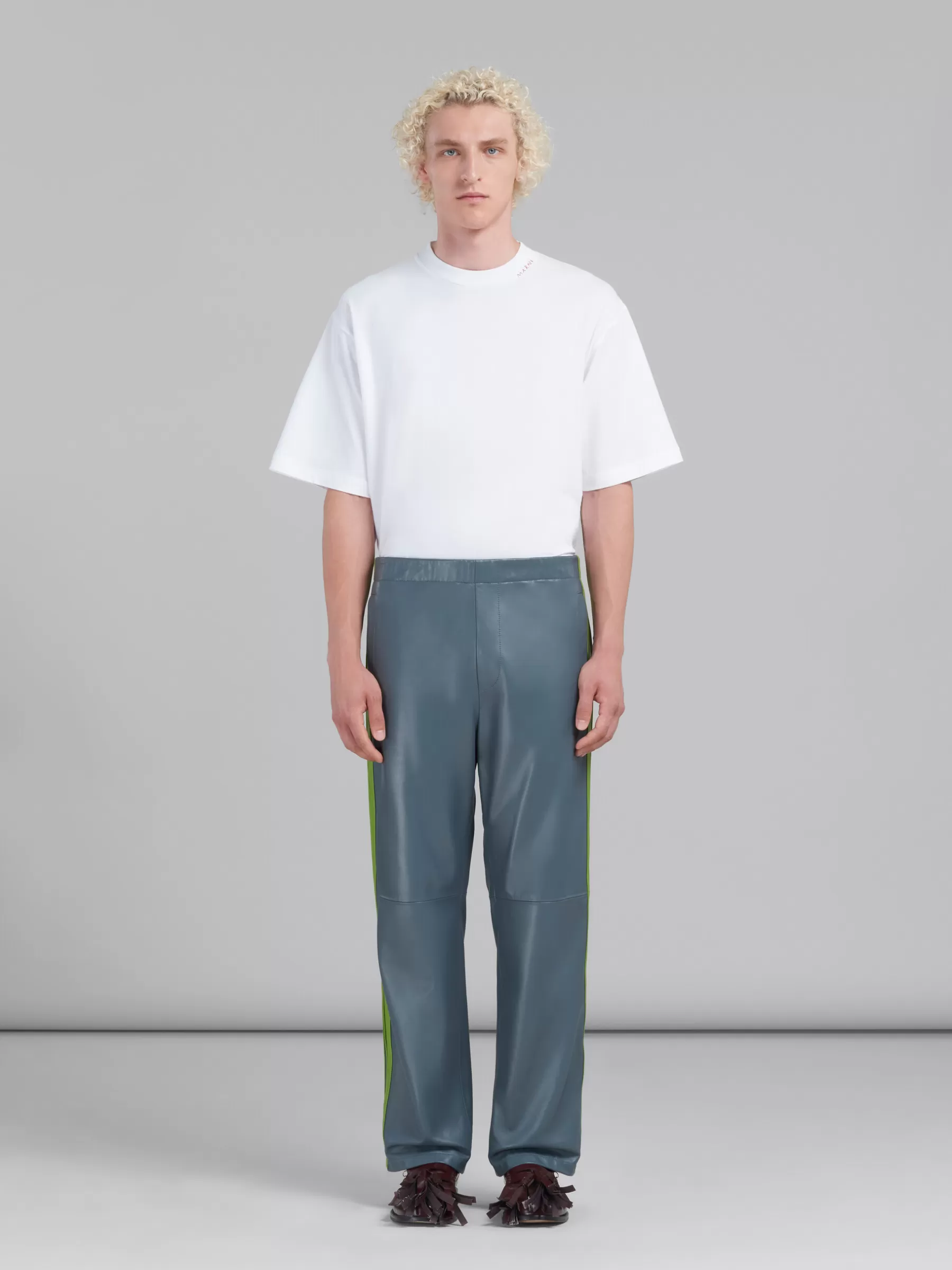 Marni Teal Nappa Leather Track Pants TRUFFLE Best